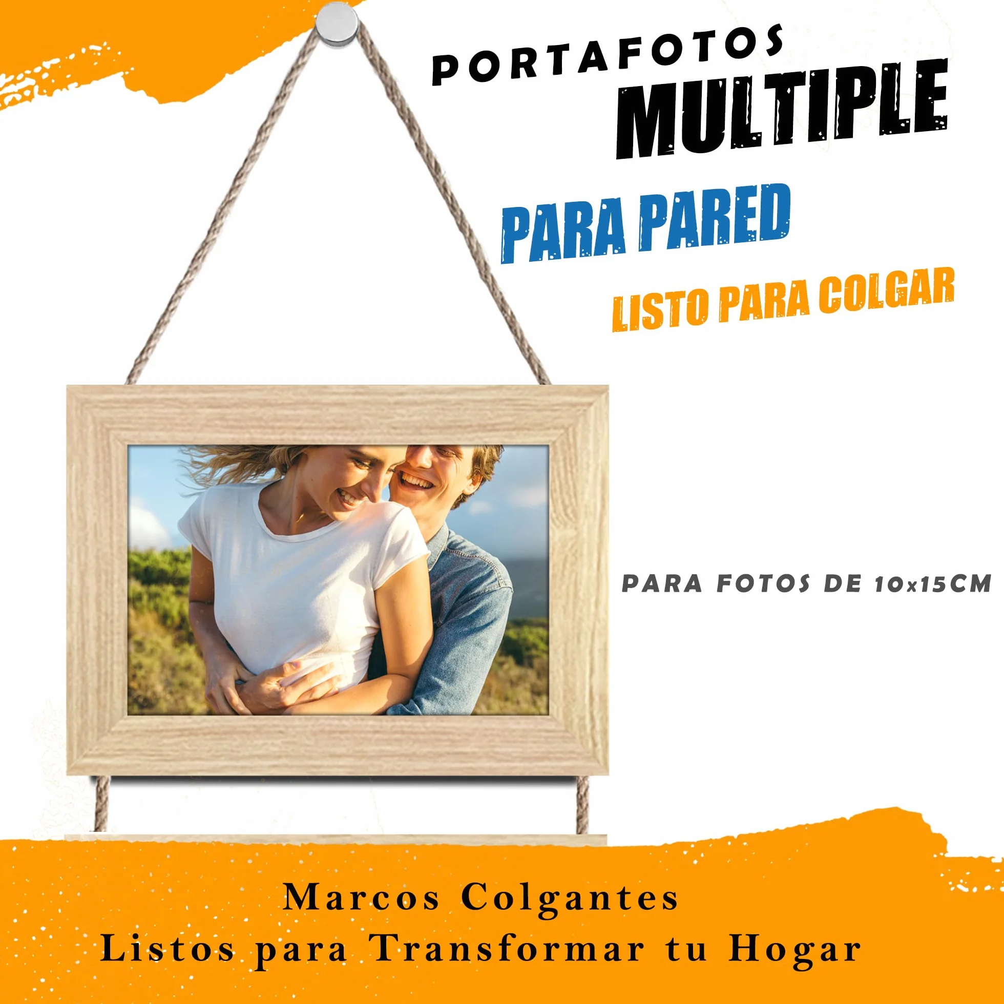 Portafotos Múltiple Decorativo Madera Cuerda Collage Colgante 4 Fotos 10x15 cm Roble Natural