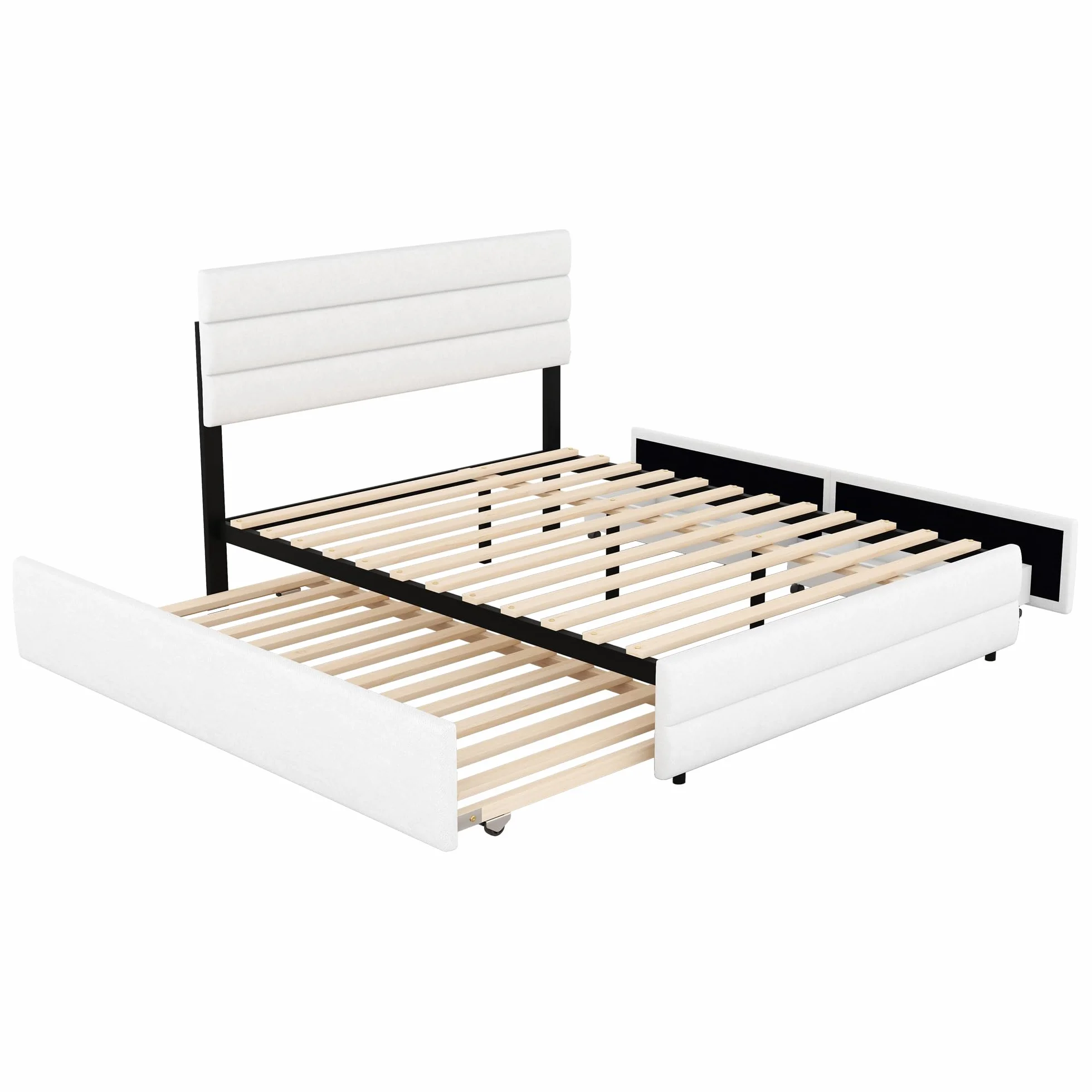 Moimhear Cama doble de plataforma con dos cajones con ruedas, 140 x 200 cm, para dos personas, beis