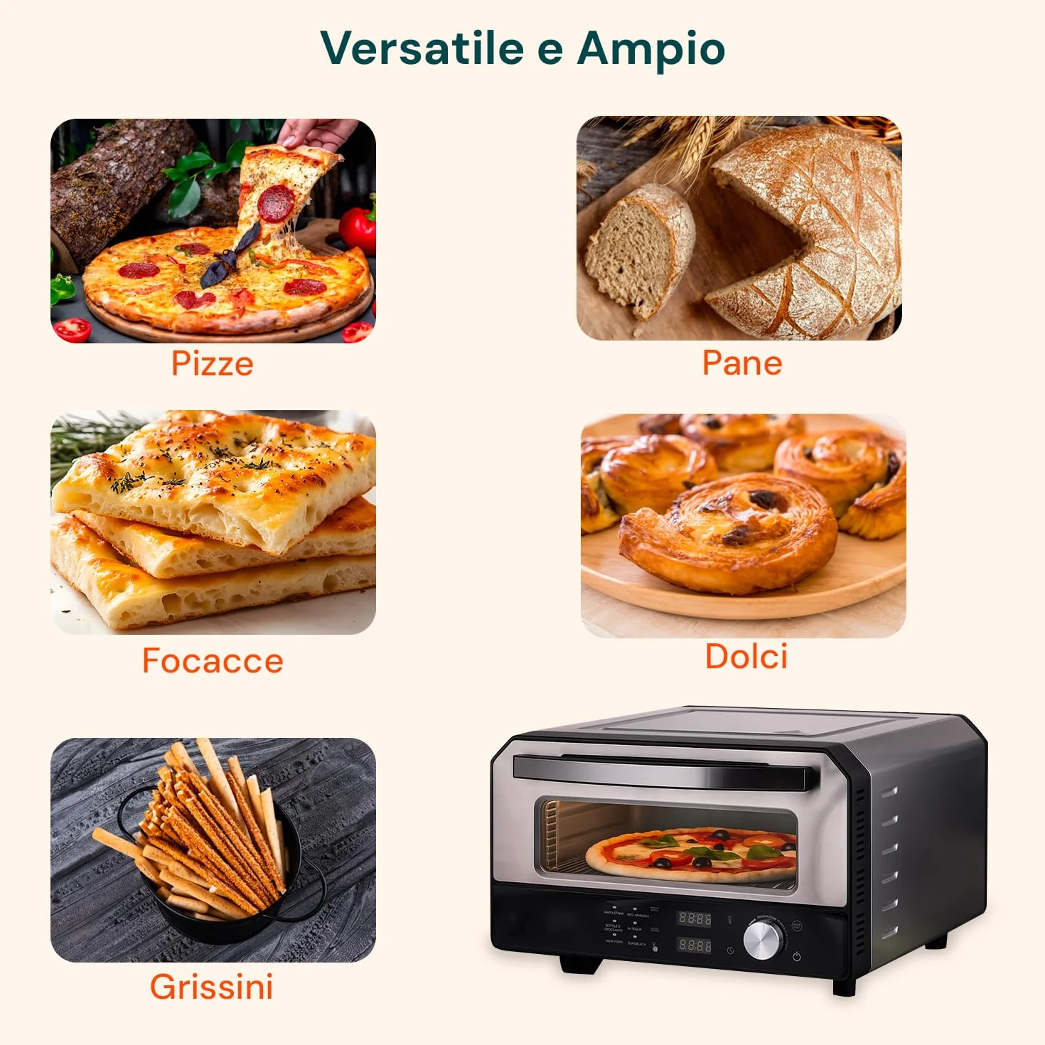 Horno eléctrico para pizza Avilia 400°C con pantalla digital y 6 programas de cocción, acero inoxidable