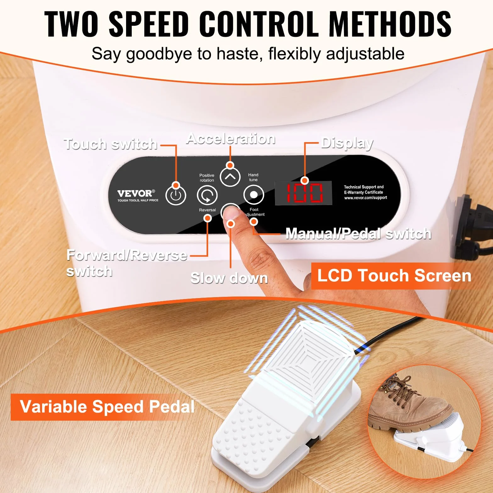 VEVOR Torno de Alfarería Eléctrico 280 mm 450 W con Pedal Pantalla Táctil LCD Mini Torno de Alfarería con 4 Patas de Soporte Rango de Velocidad de 50-300 rpm para Manualidades de Cerámica DIY, Blanco