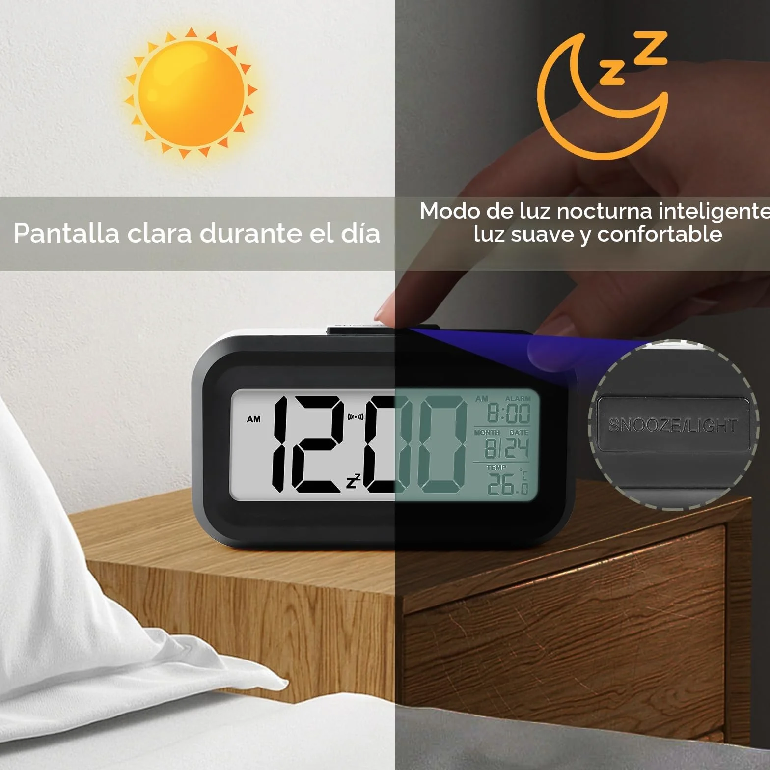VFANDV Despertador Digital, LCD Reloj Despertador Digital con Termómetro Función Snooze Reloj Inteligente de Cabecera a Pilas Reloj de Mesa de Viaje para Sala de Oficinas Familiares