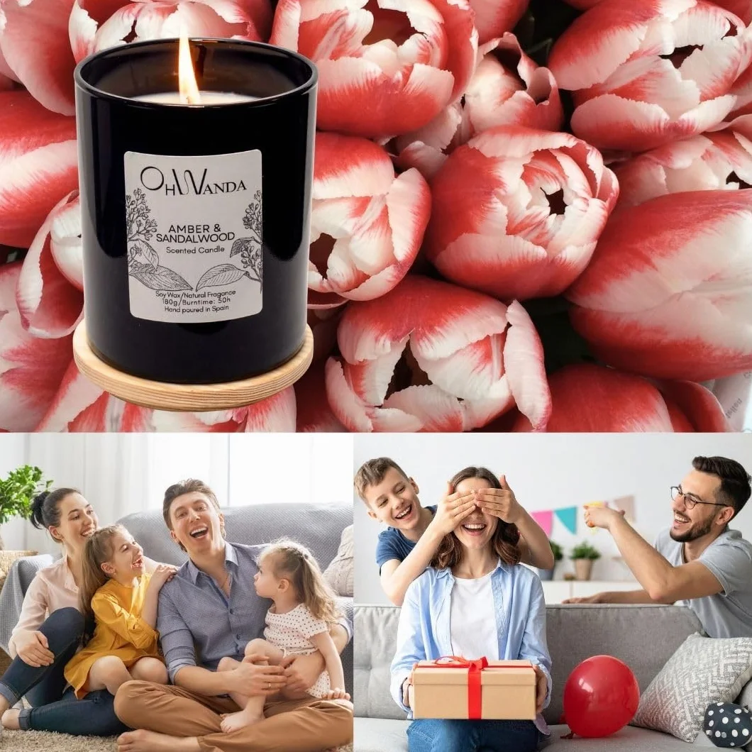 Velas Aromáticas Perfumada Ámbar Sándalo, Fragancia Larga Duración 50h, Cera Soja Natural 180g para tu Hogar sin Tóxicos, Aromaterapia Relajante, Regalo hombre, Hecha en España