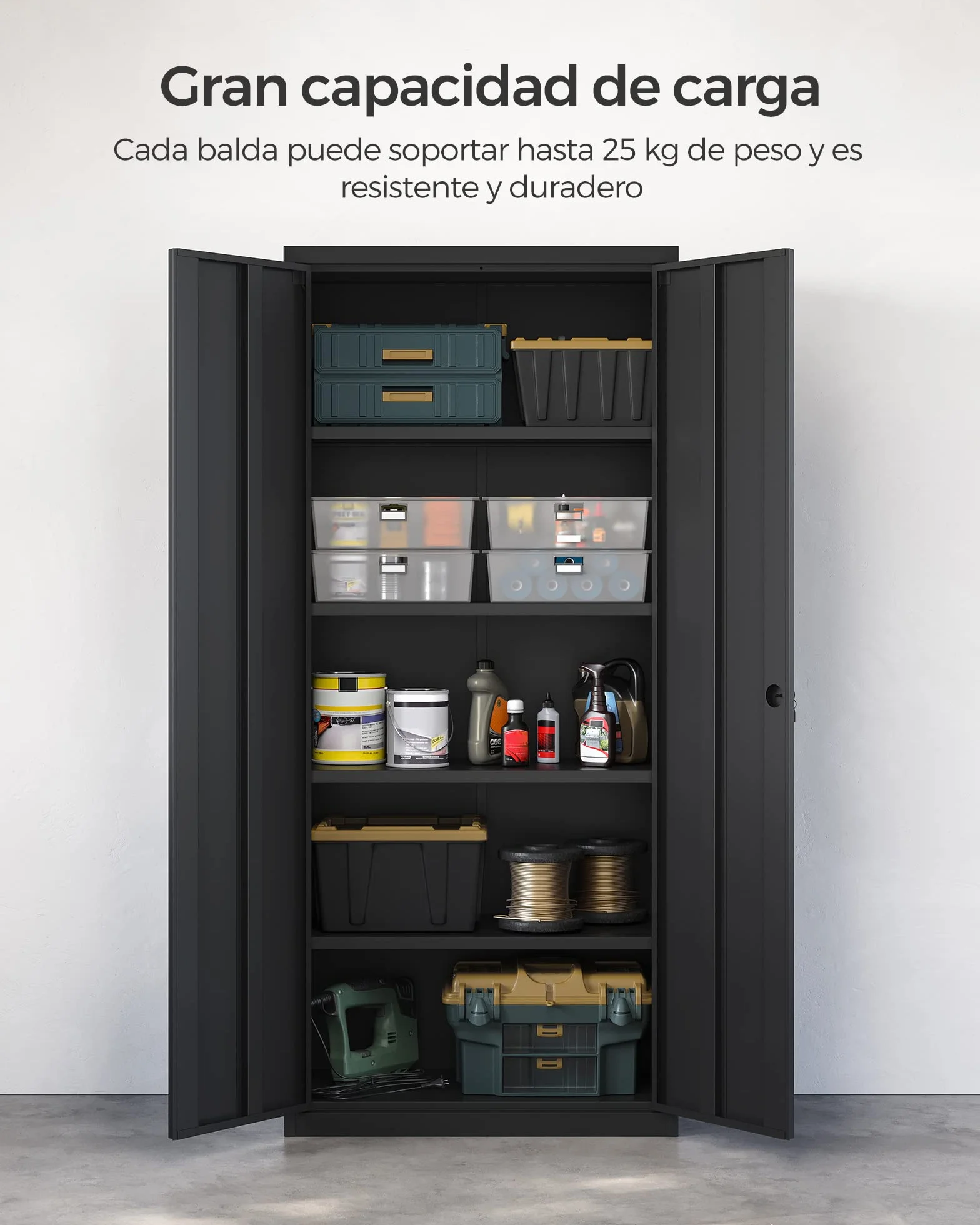 SONGMICS Armario de Garaje 5 Estantes 2 Puertas 40x80x180 cm Negro Mate OMC015B01