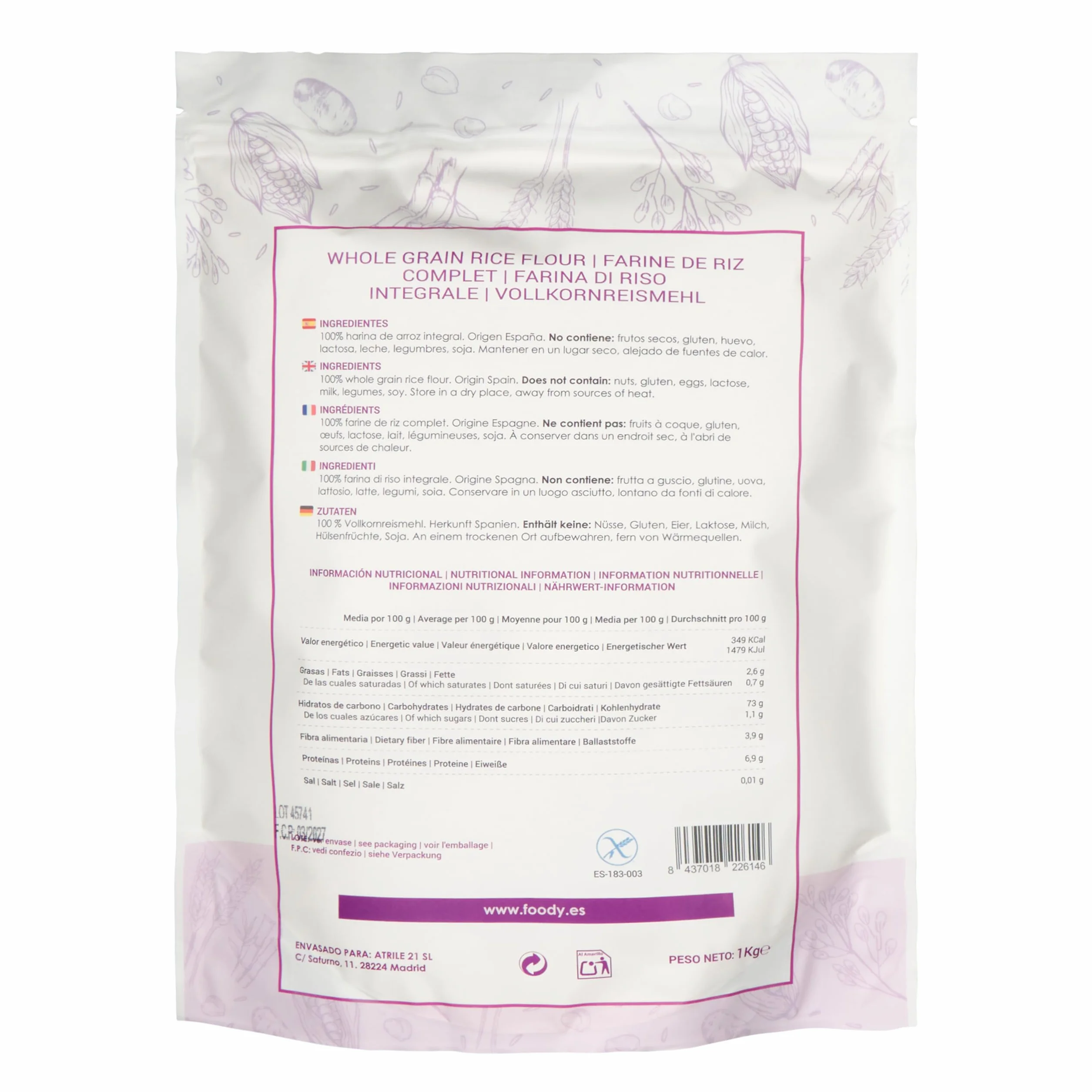 Harina de arroz integral 1kg sin gluten vegana