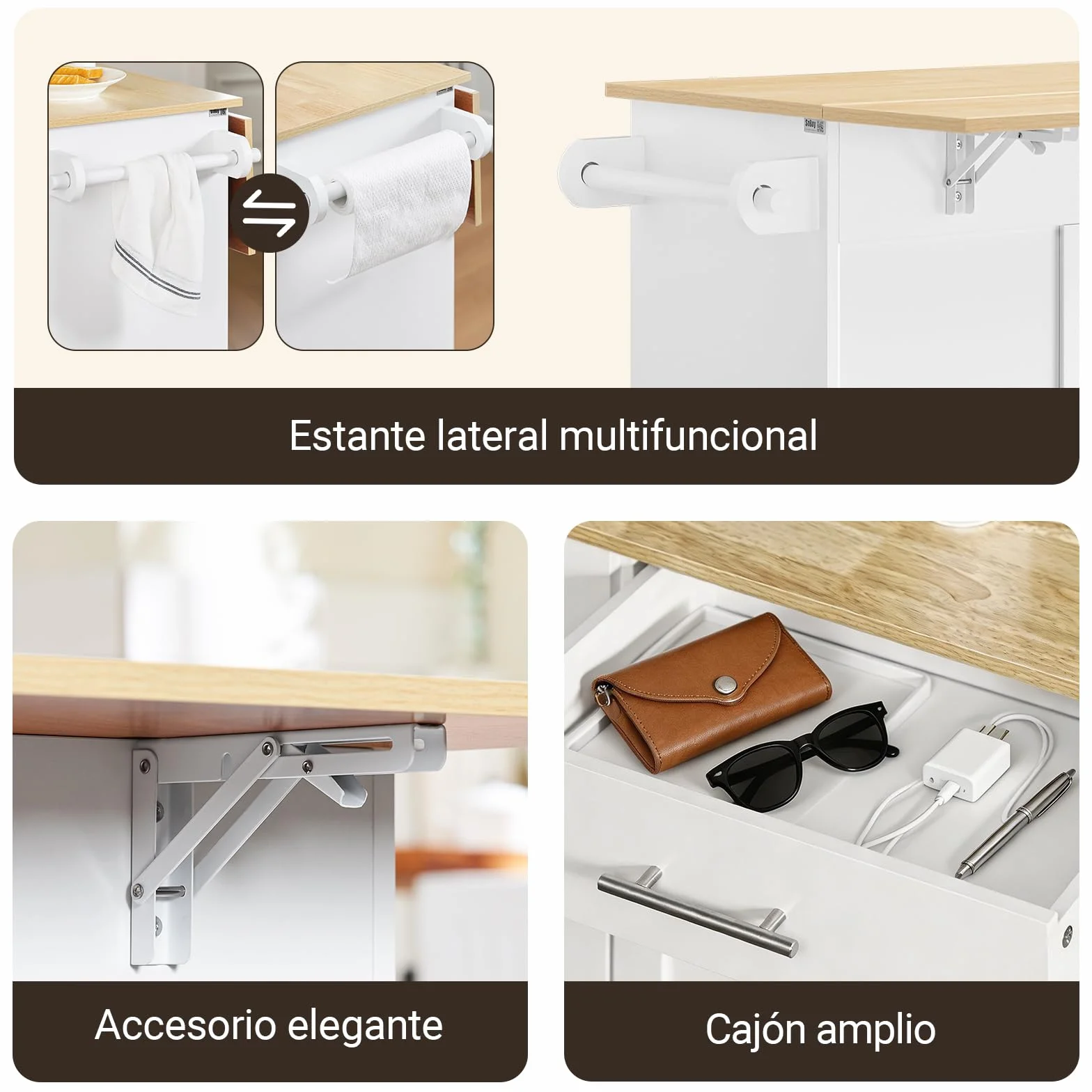 SoBuy Isla Cocina con Ruedas Carro de Cocina con Encimera Extensible Mueble Auxiliar de Cocina con 2 Cajones y Estantes Ajustables, Ideal para Cocinas Pequeñas Blanco 113 × 44–69 × 91 cm FKW129-WN