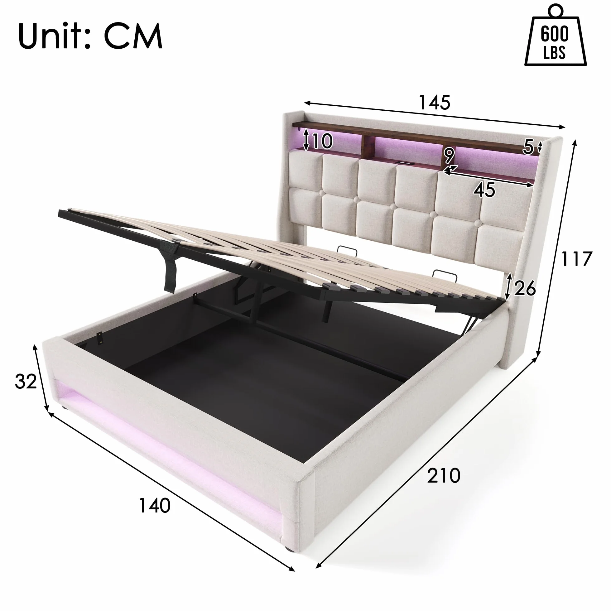 Cama 140x200 cm Cama Matrimonio, Cama Juvenil con Cabecero LED y Carga USB, Camas Matrimoniales con Almacenaje Hidráulico, Estructura Cama Doble con Lamas de Madera, Lino Beige, Sin Colchón