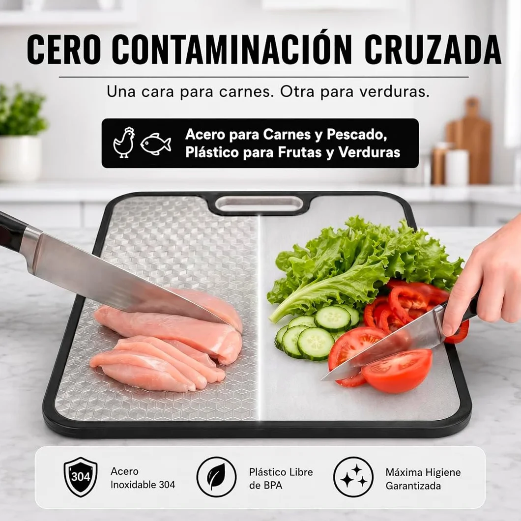 Tabla de Cortar Acero Inoxidable Doble Cara 38x26cm Apta Lavavajillas