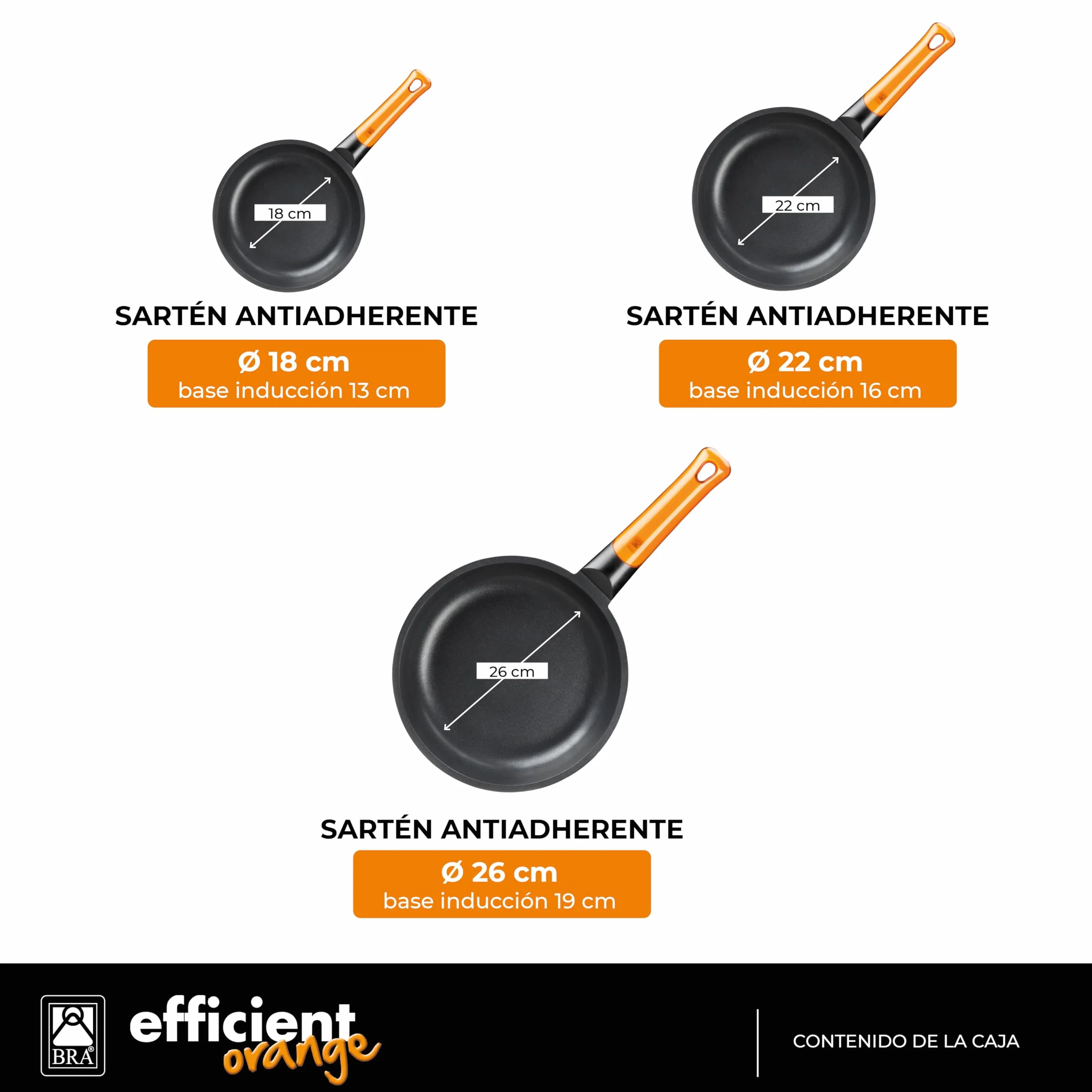 BRA Efficient Orange Set 3 Sartenes Aluminio Fundido 18 22 26 cm Antiadherente Libre PFOA