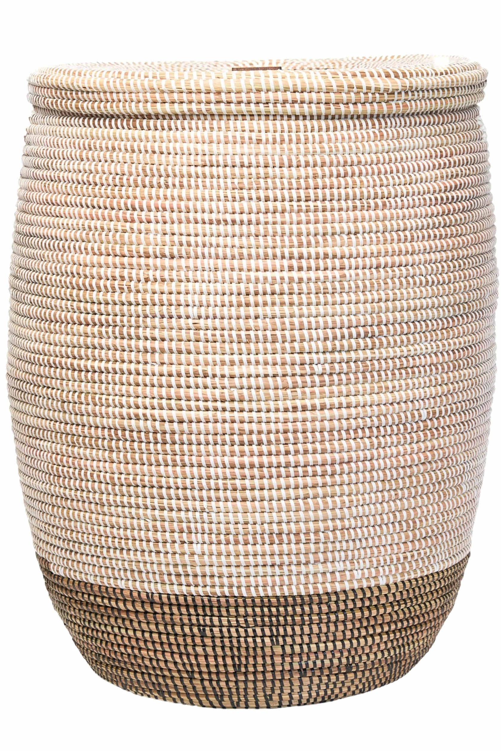 YAADU Cesto XXL para la ropa con tapa 95L - Cesto tejido para la ropa, cesto africano para la ropa, cesto grande para juguetes, cesto con asa Modelo Fela (Blanco-Negro-Plano)