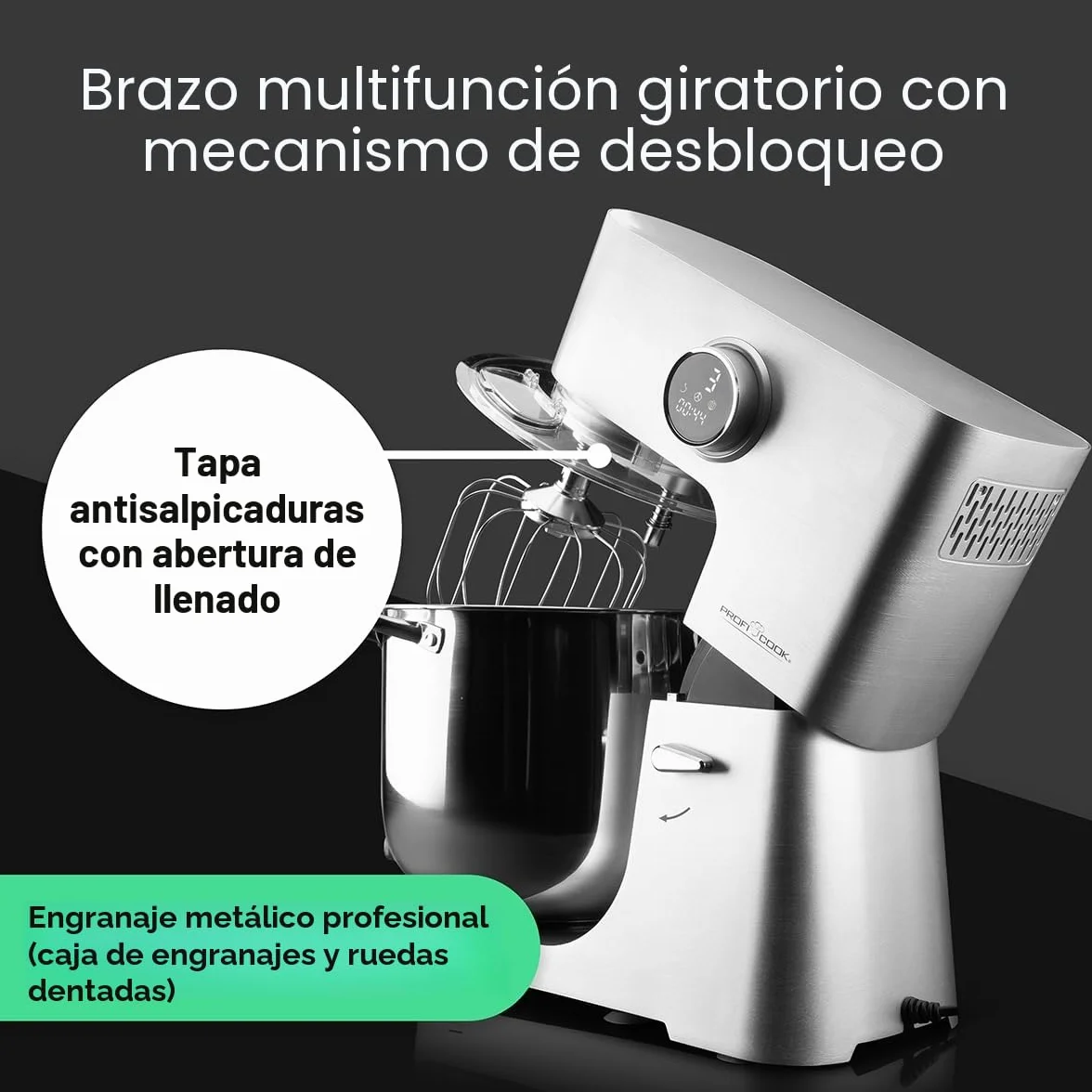 ProfiCook® robot de cocina | XXL | 12L bol | amasadora | motor 2500W | engranaje metálico | pantalla LED | robot de cocina | para hasta 8,5 kg de masa | 13 velocidades | PC-KM 1254 acero inoxidable