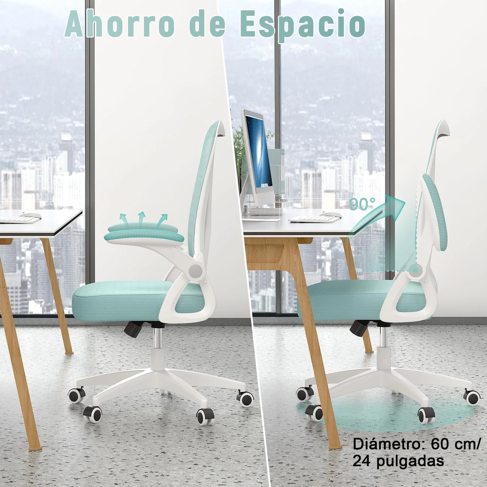 Rattantree Silla de Oficina Ergonómica con Reposabrazos Plegables, Altura Ajustable, Soporte Lumbar, Giratoria, Verde