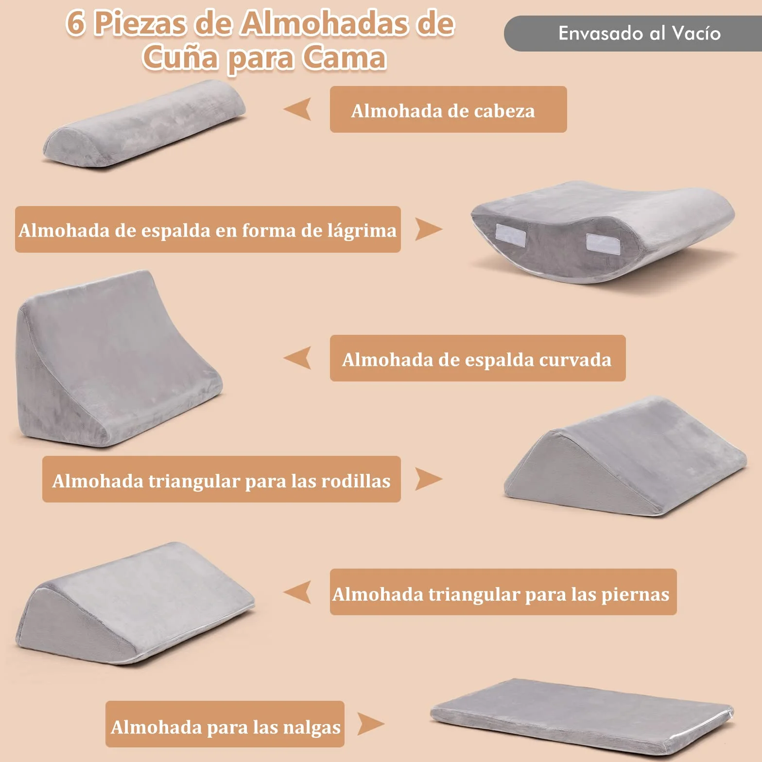 COSTWAY Almohada de Cuña para la Cama de 6 Piezas, Juego de Almohadas de Espuma de Memoria para Aliviar el Dolor de Cuerpo, Almohada de Soporte de Espalda Cómoda Ajustable y Extraíble, Gris