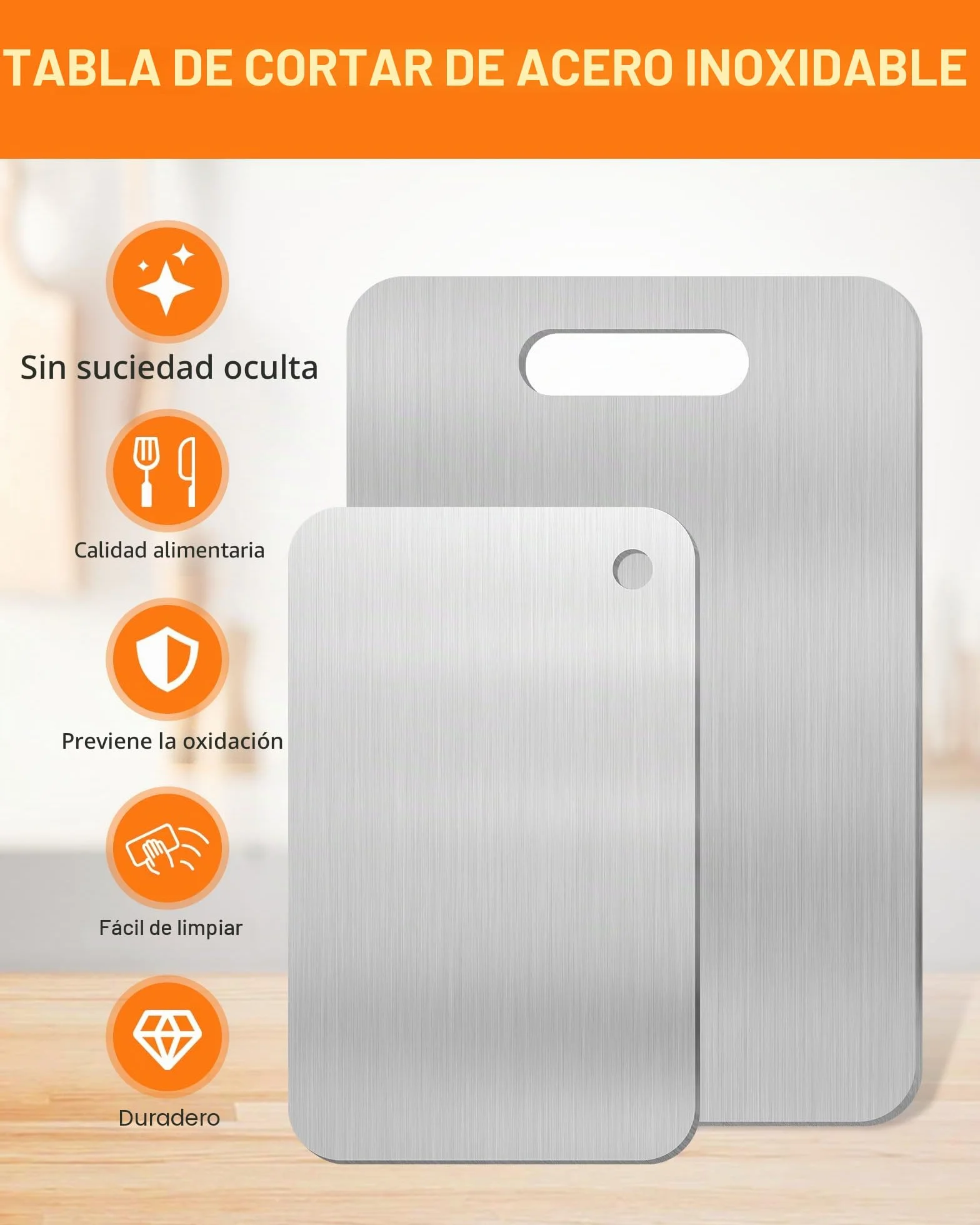 Set de 2 tablas de cortar de acero inoxidable – Tabla de cortar acero inoxidable de doble cara, ideal como tabla cortar cocina para carne, pan, gran superficie de corte (34 × 23 cm + 25 × 15 cm)