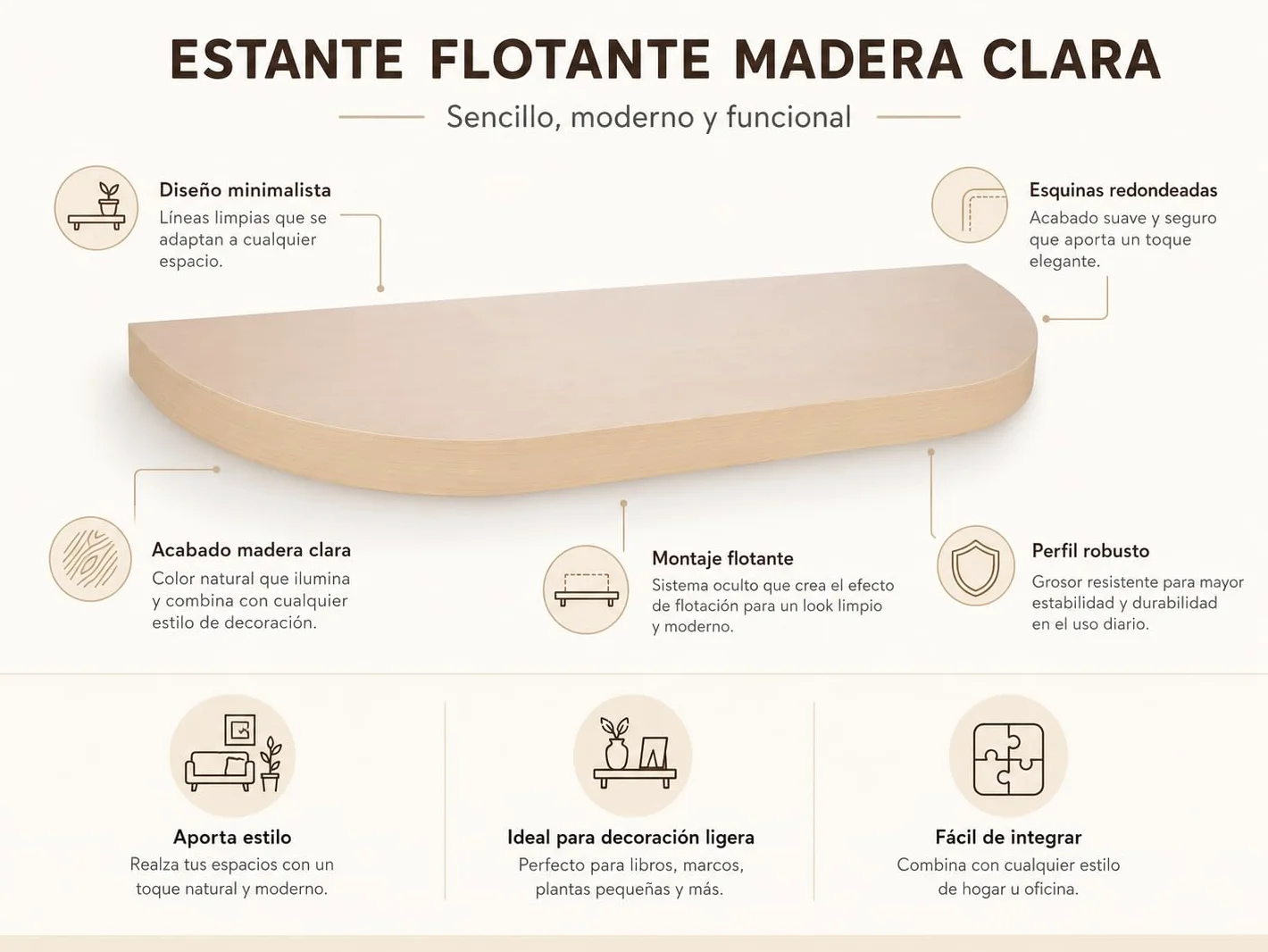 HERSIG - Estante Curvo Flotante de Pared Arce Balda para Baño o Dormitorio Fijación Oculta y Resistente de hasta 10 kg - 80x23,5 cm