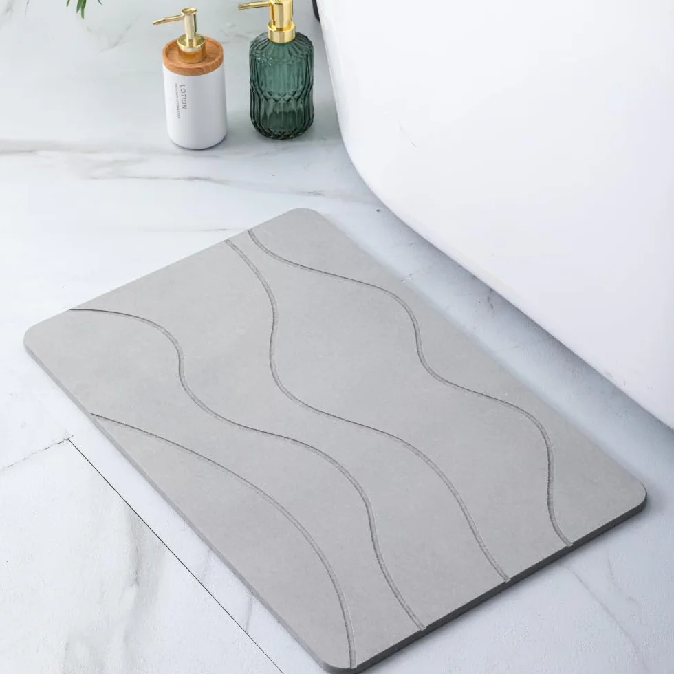 Alfombra Diatomita Baño 60x40 Antideslizante Antibacteriana Super Absorbente Stone Bath Mat Grey Waves