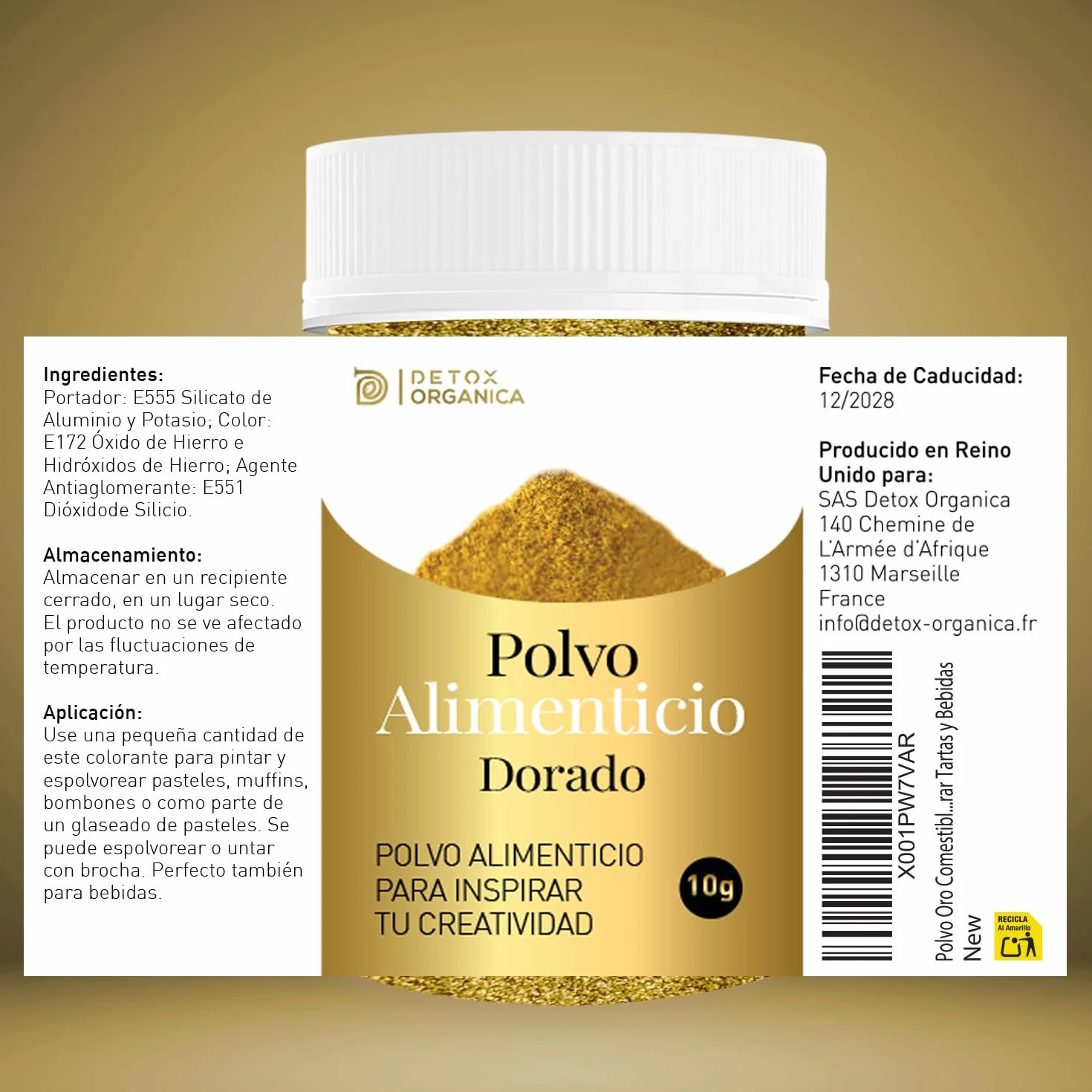 Detox Organica Polvo Oro Comestible Repostería 10g Dorado para Decorar Tartas Bebidas Edible Glitter Sin Gluten Vegano