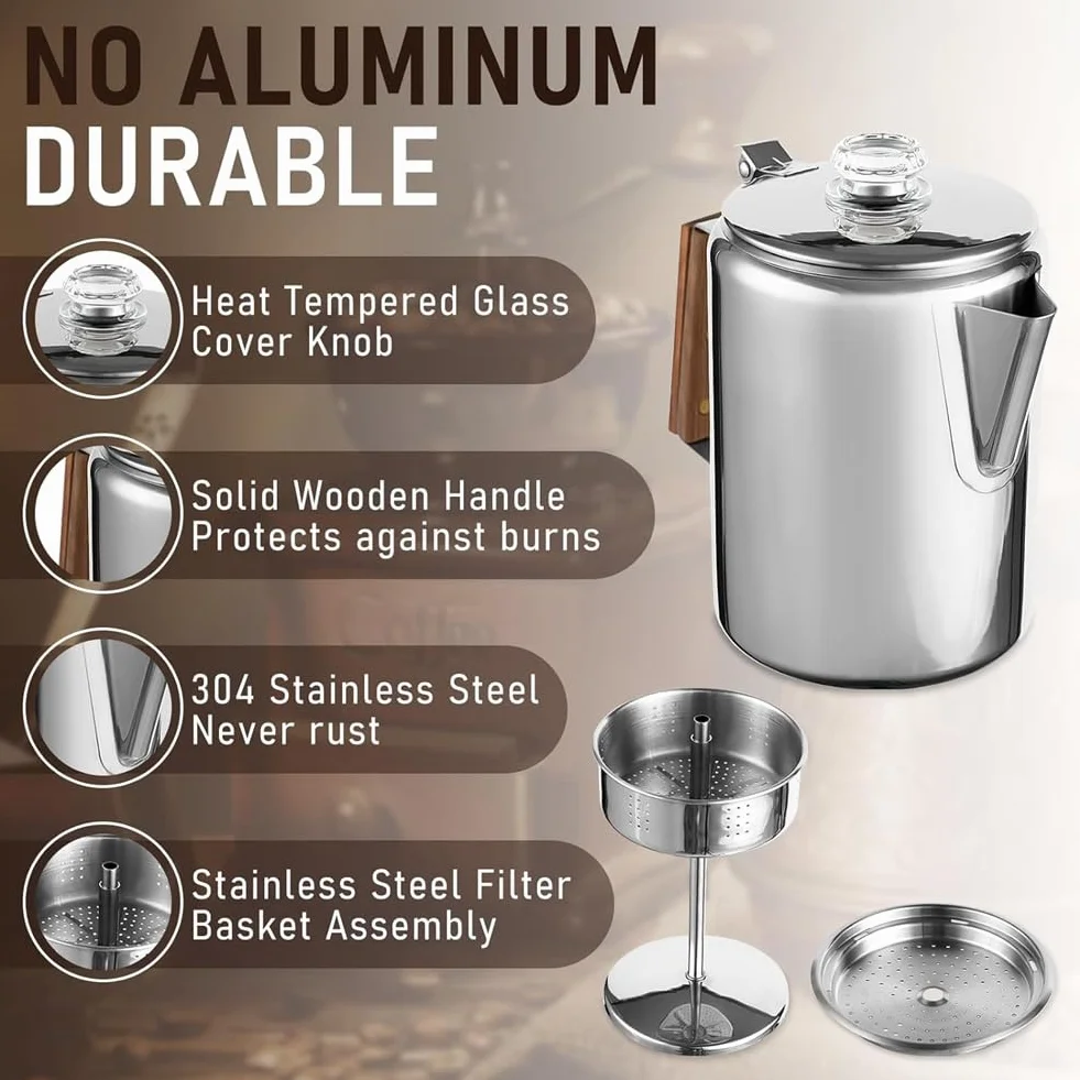 Cafetera Percoladora de Café Acero Inoxidable 9 Tazas para Exteriores Hogar
