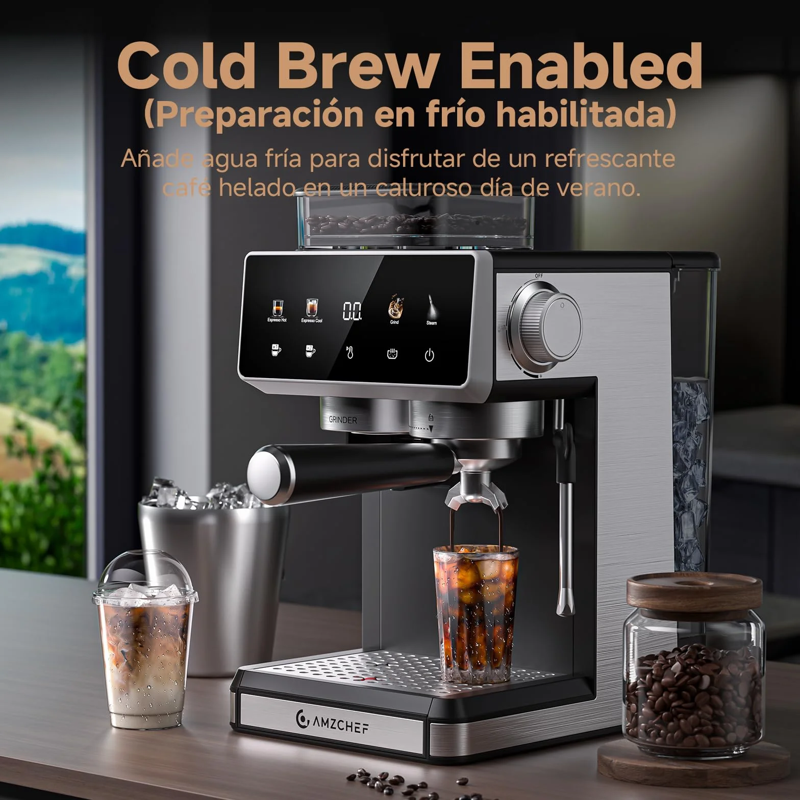 AMZCHEF Cafetera express con molinillo, cafetera espresso 20 bar para casa con vaporizador de leche, 3 niveles de temperatura, 20 ajustes de molienda, función de café frío y caliente, pantalla táctil