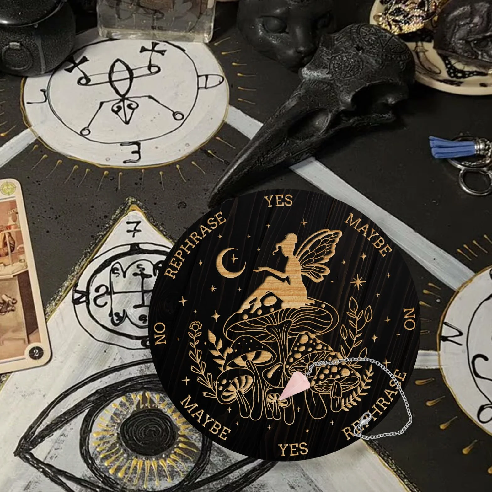 AHANDMAKER Juego de tablero de péndulo, tablero de madera para adivinación, tablero de mensajes metafísicos con collar de péndulo de cristal para brujería, kit de suministros de altar wiccano, hada,