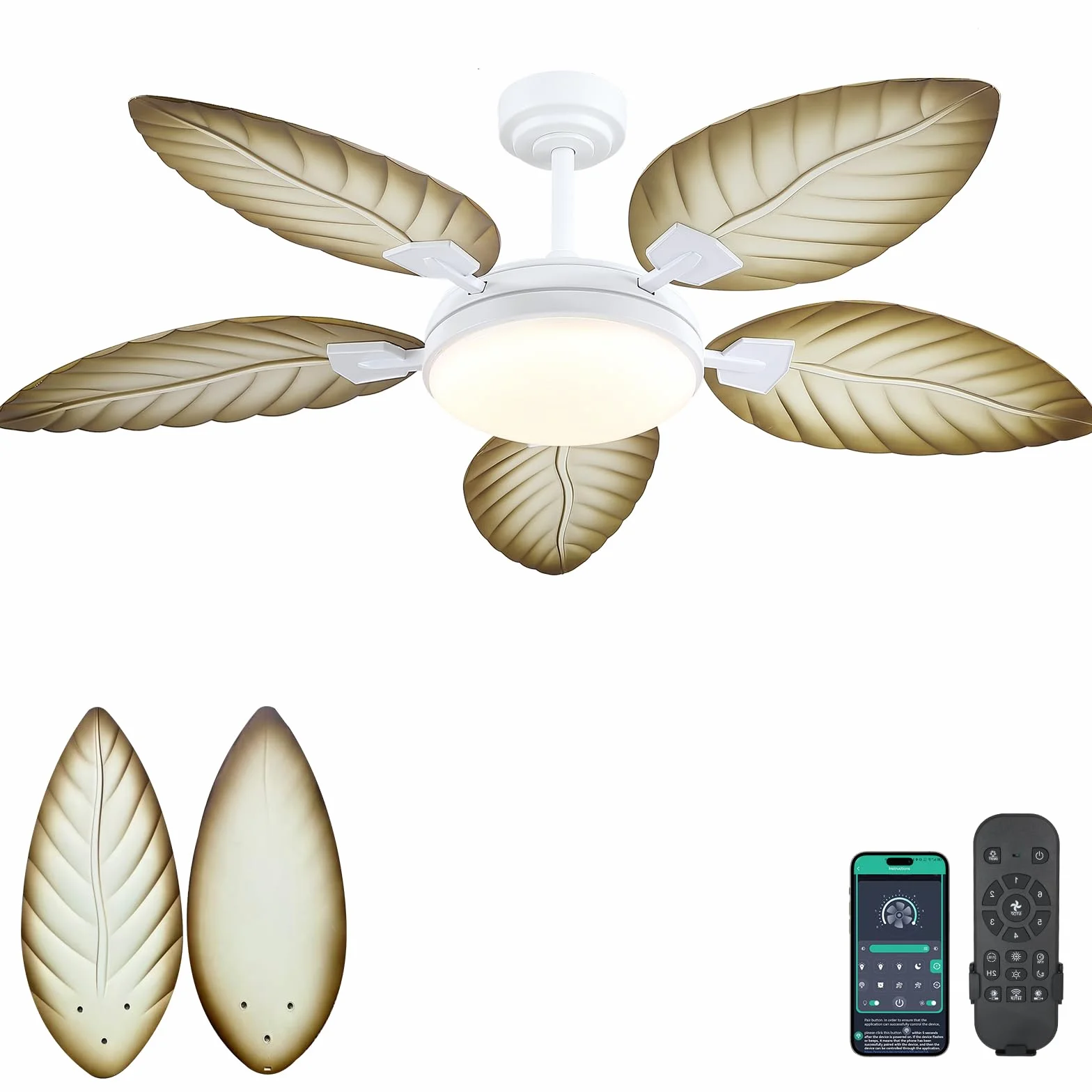 Kviflon 132 cm Moderno Ventilador de Techo con Luz, Diseño de Hoja de Palmera en Tono de Madera Clara, Control por Mando a Distancia o Aplicación, Reversibles, Zonas Exteriores Cubiertas.