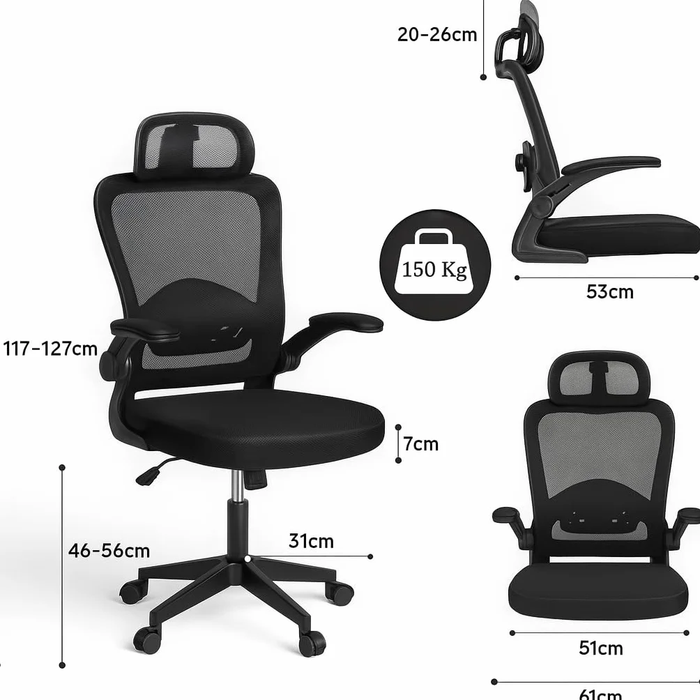 Silla de Oficina Ergonómica Giratoria con Ruedas, Malla Transpirable, Reposacabezas y Apoyabrazos Ajustable