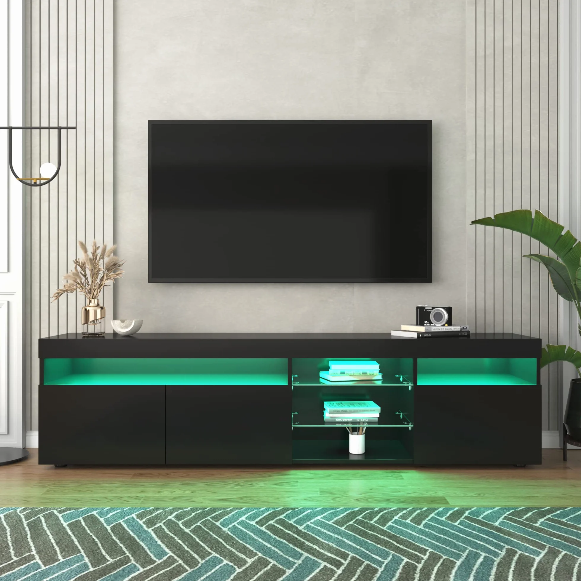 Azkoeesy Mueble TV con iluminación LED, 180 cm, Mueble de televisión, 3 Puertas y Estante de Cristal, Negro Brillante