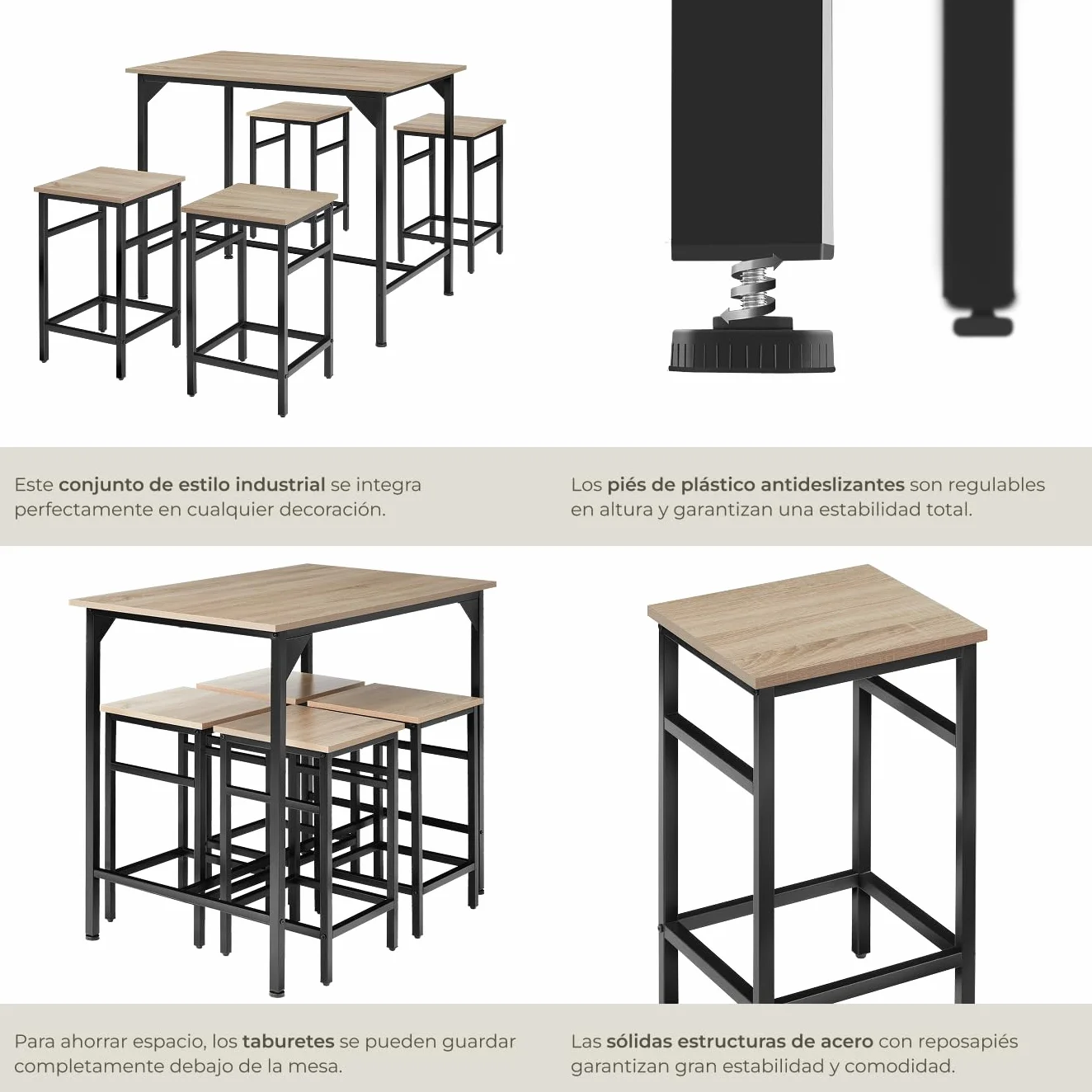 tectake® Mesa Alta de Bar con 4 Taburetes, Mueble de Cocina Estilo Industrial, Diseño Comedor y Mesa Cocina, Muebles de Salon, Taburete - 100 x 124 x 88,5 cm Madera Industrial Clara, Roble Sonoma