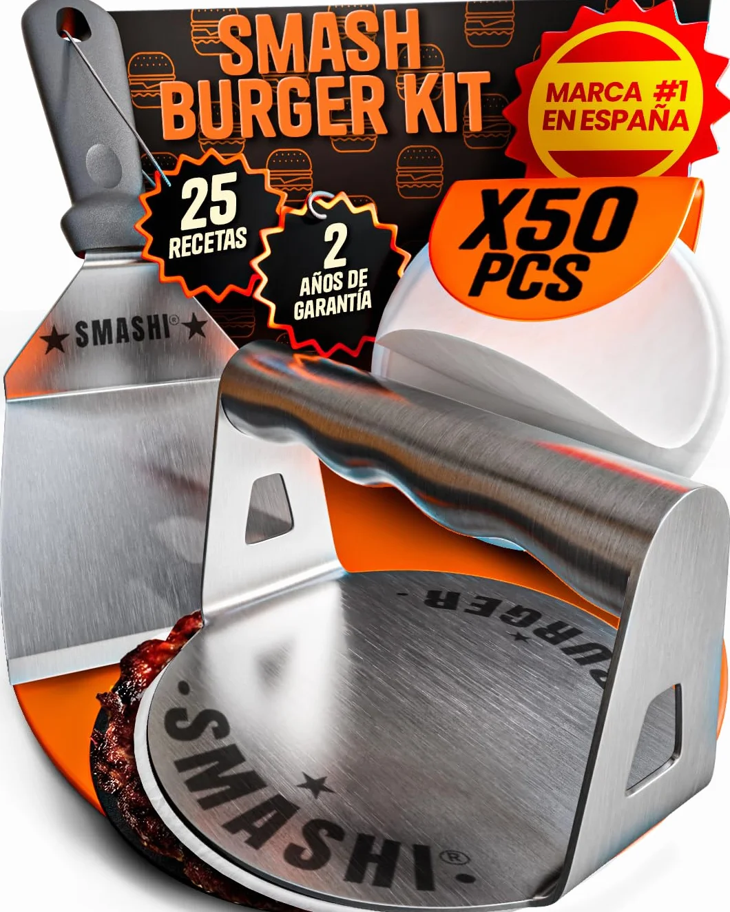 SMASHI® Smash Burger Kit Acero Inoxidable 304 Prensa Hamburguesas + Espátula + 50 Papeles