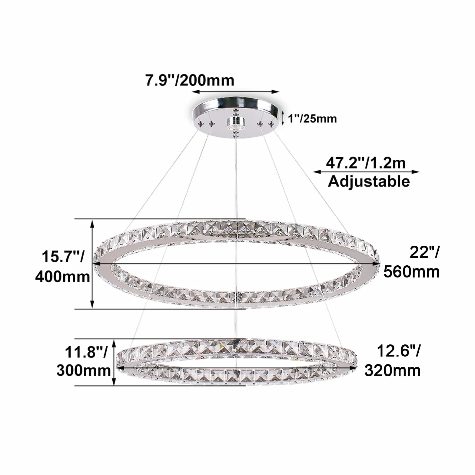 Finktonglan Candeliers de cristal Luz de colgante ovalado Moderno 2 anillos LED Forma ajustable, lámparas de iluminación colgante de 60 cm para dormitorio de comedor (6500k blanco)