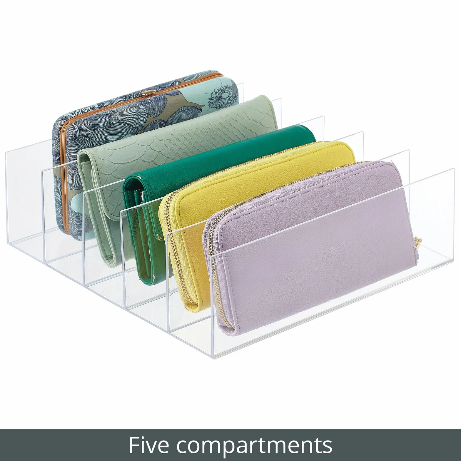 mDesign Expositor de plástico para bolsos de mano – Prácticos soportes para carteras, monederos, billeteros, etc. – Organizador de bolsos con 5 compartimentos – Juego de 4 – azul transparente
