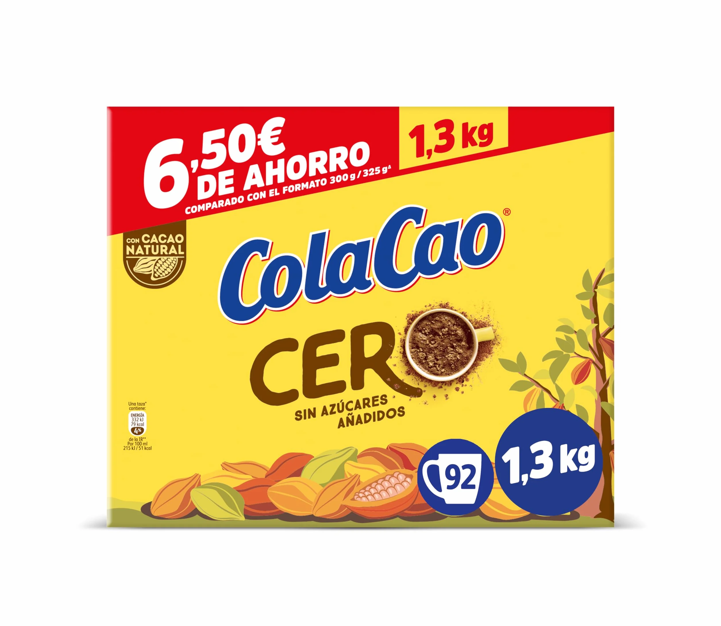 ColaCao Cero Cacao Soluble sin Azúcares Añadidos 1,3 kg 92 Raciones
