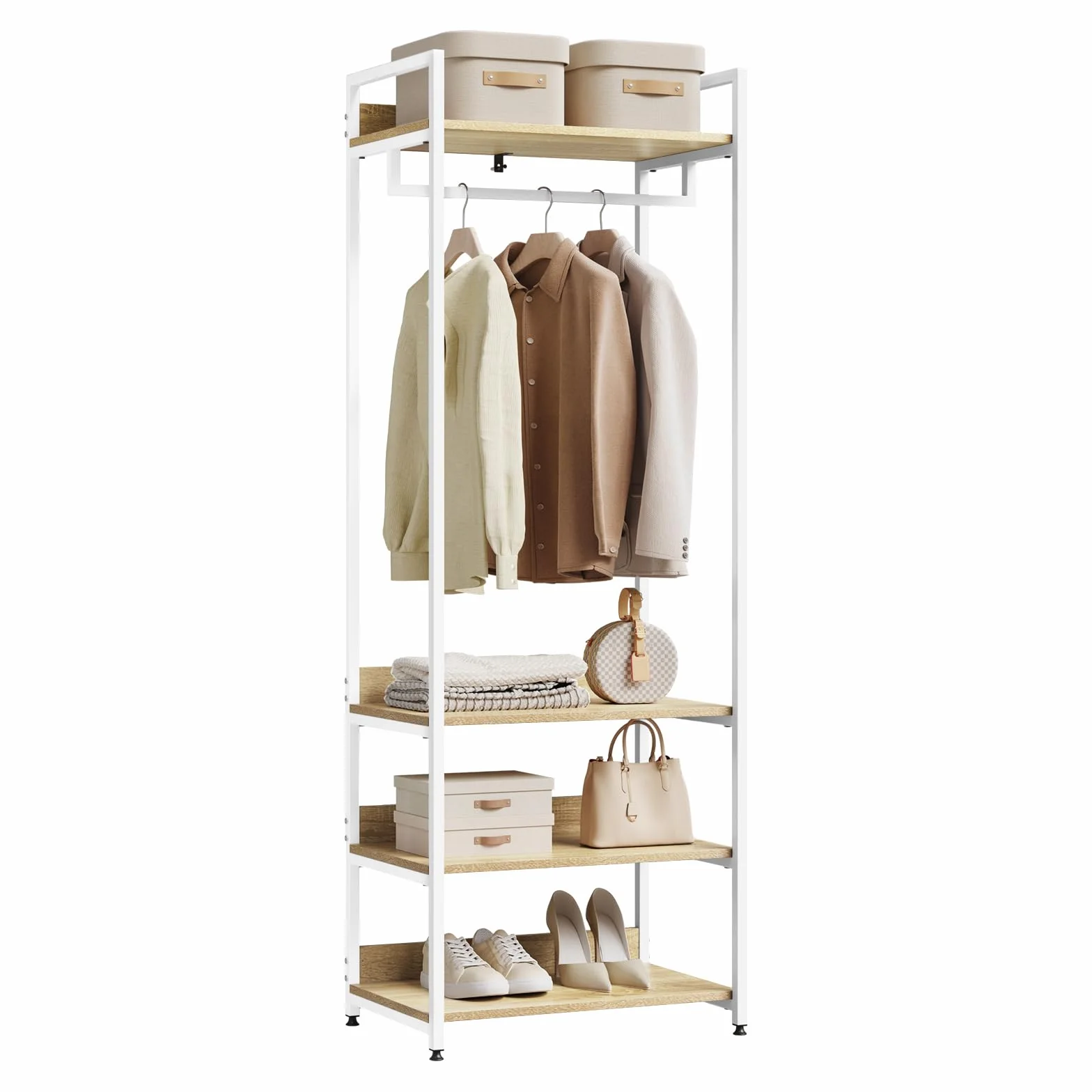 WOLTU Perchero Ropa Armario Burro Zapatero con 3 Estante Multiusos Fuerte Metal y Madera de Estilo Industrial