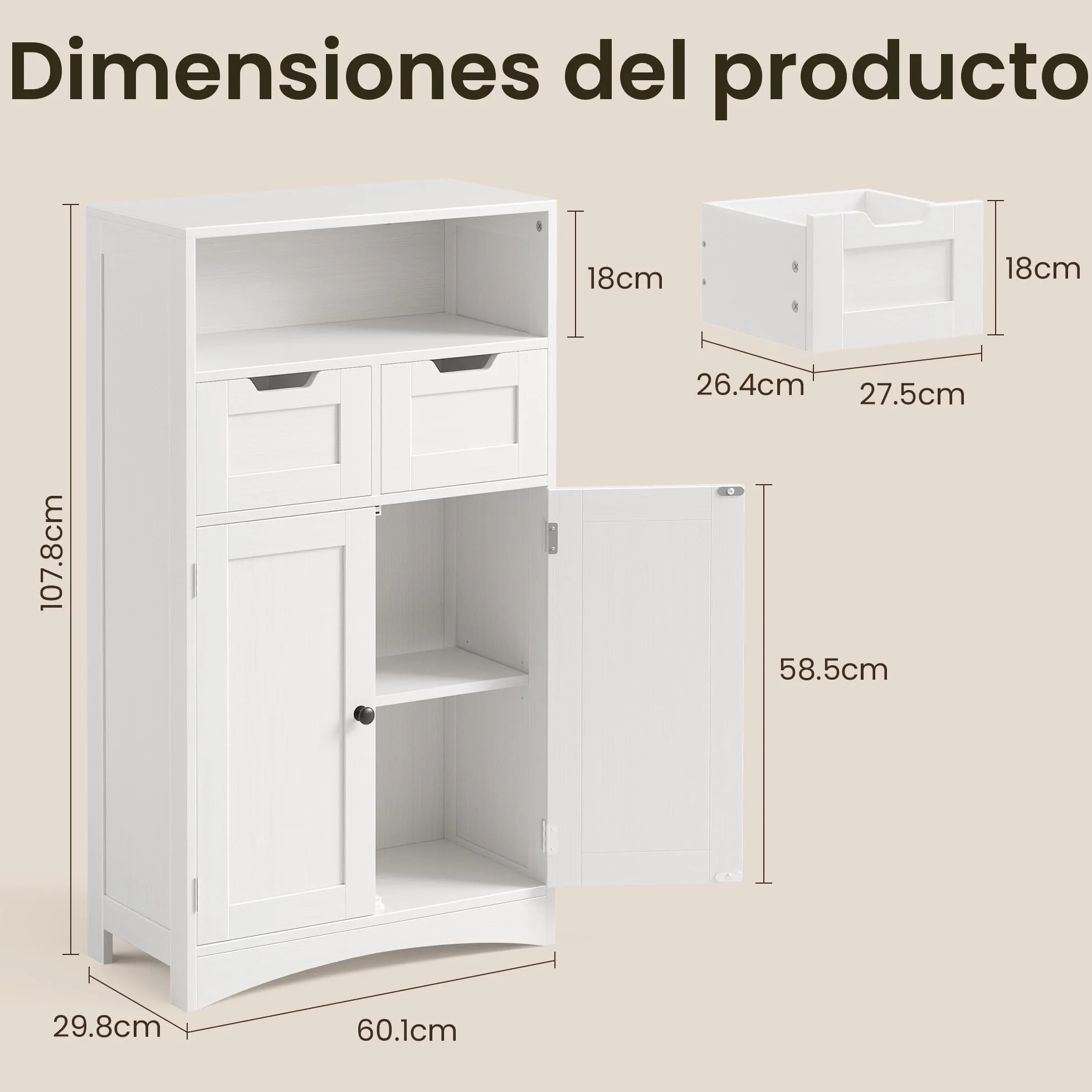 Bealife Armario de Baño 60x30x108 cm con 2 Puertas y 2 Cajones, Estante Ajustable, Blanco