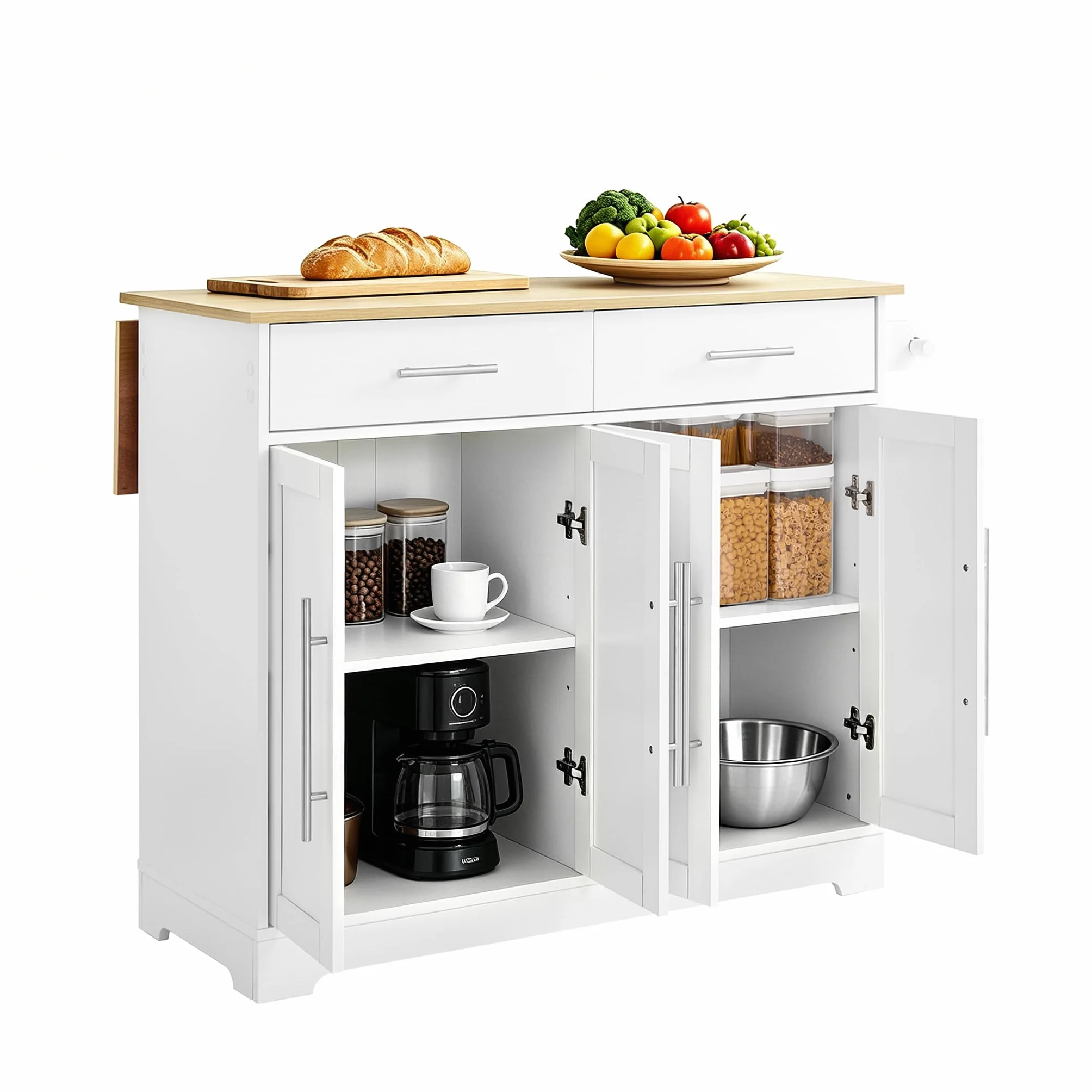 SoBuy Isla Cocina con Ruedas Carro de Cocina con Encimera Extensible Mueble Auxiliar de Cocina con 2 Cajones y Estantes Ajustables, Ideal para Cocinas Pequeñas Blanco 113 × 44–69 × 91 cm FKW129-WN