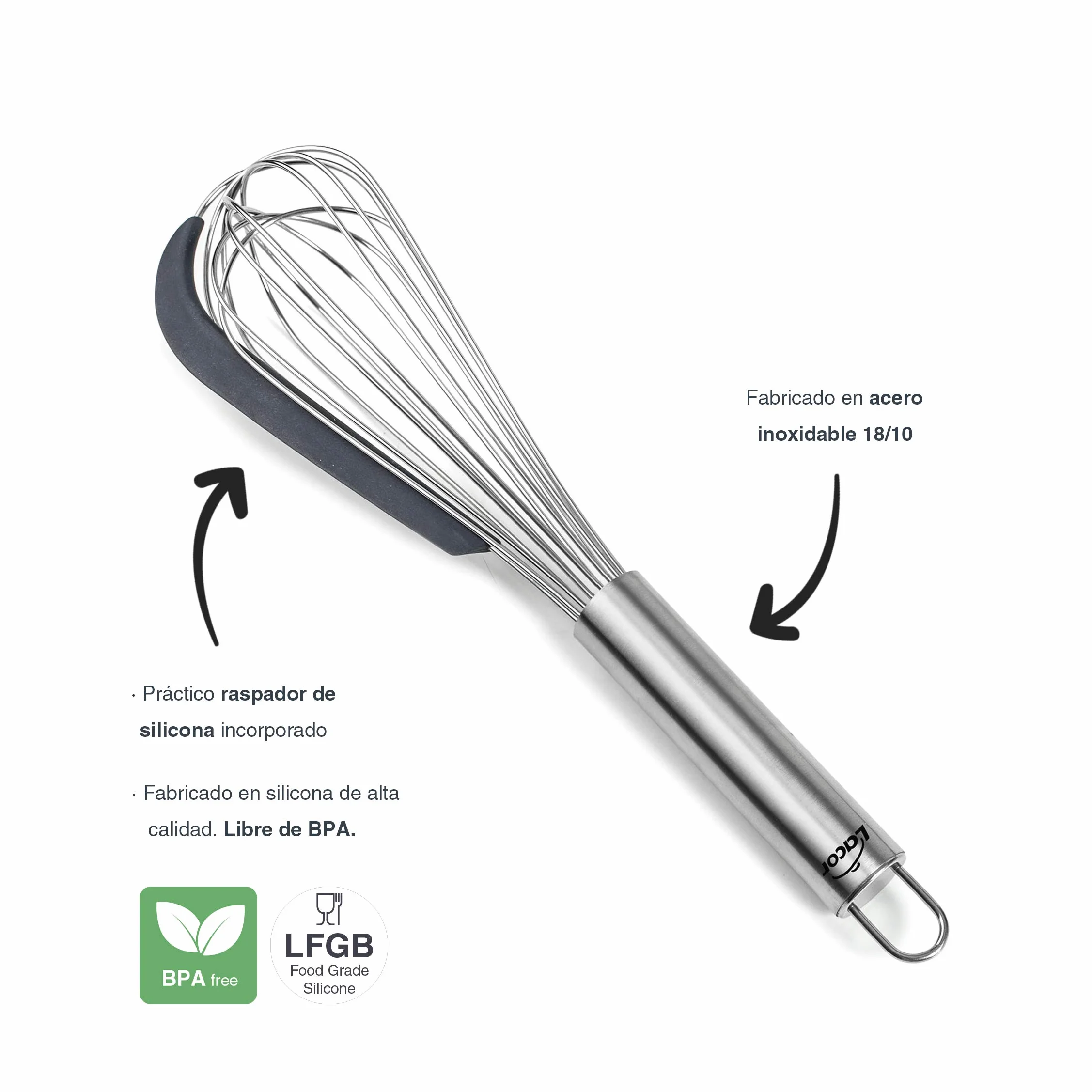 LACOR Batidor Varilla Manual Acero Inoxidable con Raspador de Silicona