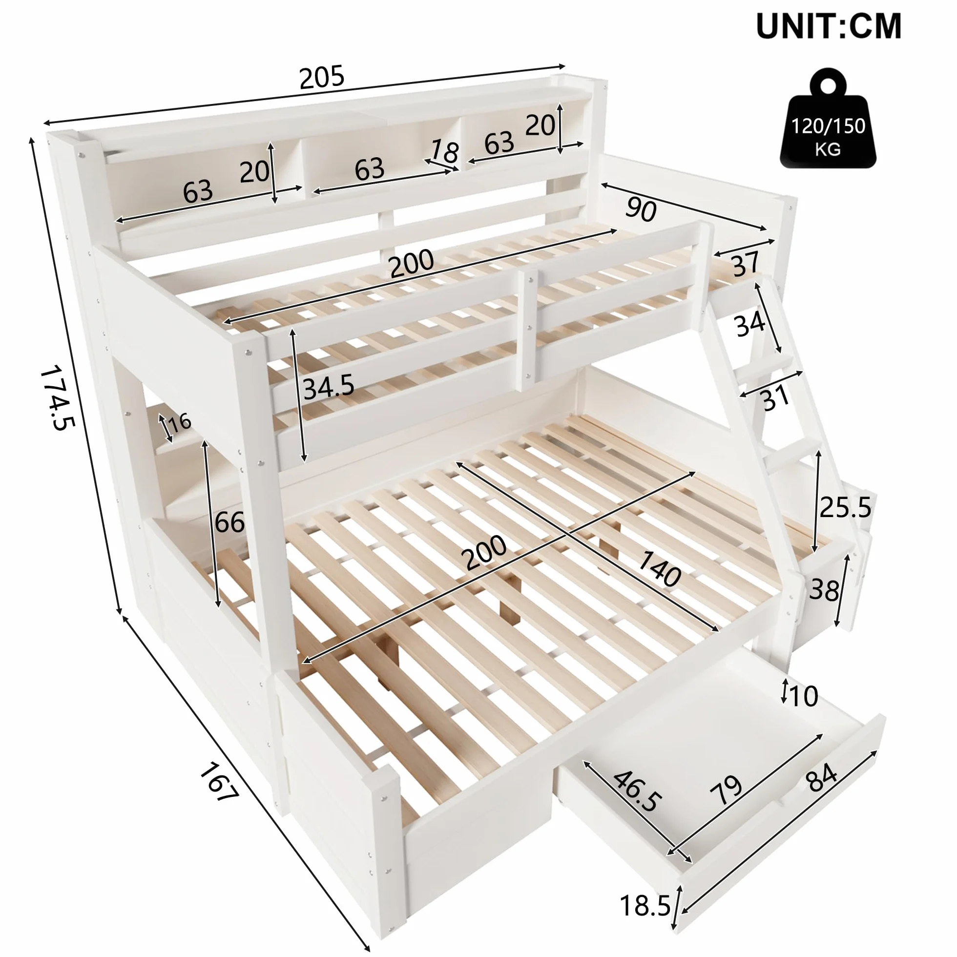Litera de 90(140) x200 cm con Luz LED y Compartimentos Abiertos, Cama Litera Matrimonio con Cajón y Escalera, Cama Infantil Literas Infantiles con Barandilla Anticaída, Sin Colchón, Blanco
