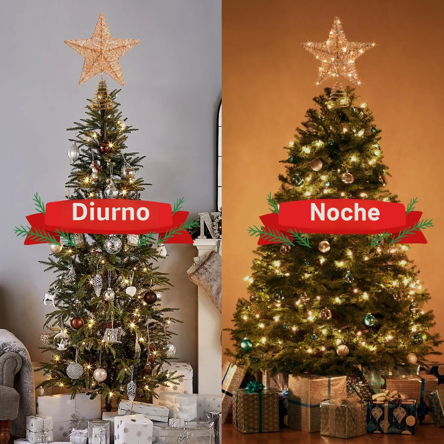 Estrella de Árbol de Navidad Oro Rosa 25CM 20 Luces LED Decorativa Luminosa
