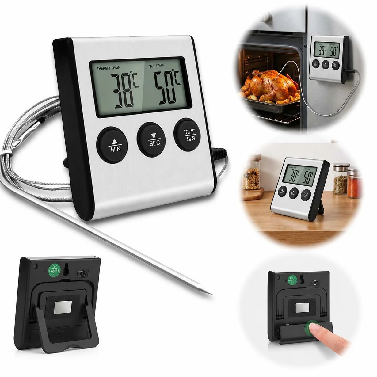 Termómetro Cocina con Sonda, Temporizador integrado, Termometro Horno Digital para Cuisine, Comida, Barbacoa, Liquidos y Aceite, Doméstico Termómetro Carne con Gran Pantalla LCD & Alarma