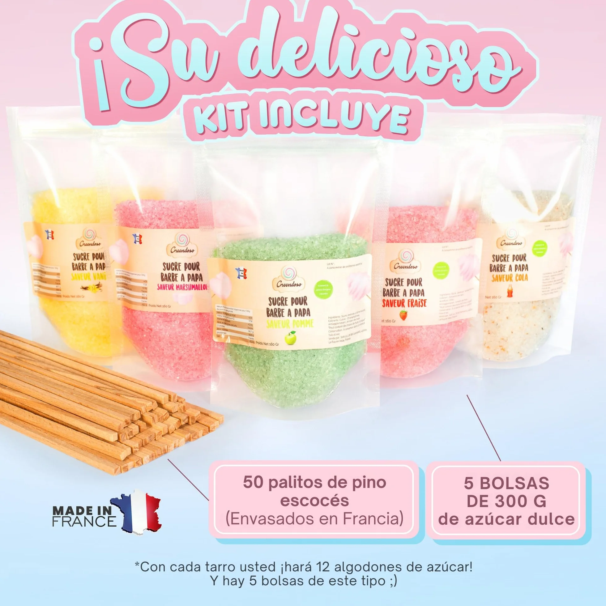 GREENDOSO® Azúcar para Algodón de Azúcar 5x300gr Lote 5 Sabores Naturales 50 Palitos