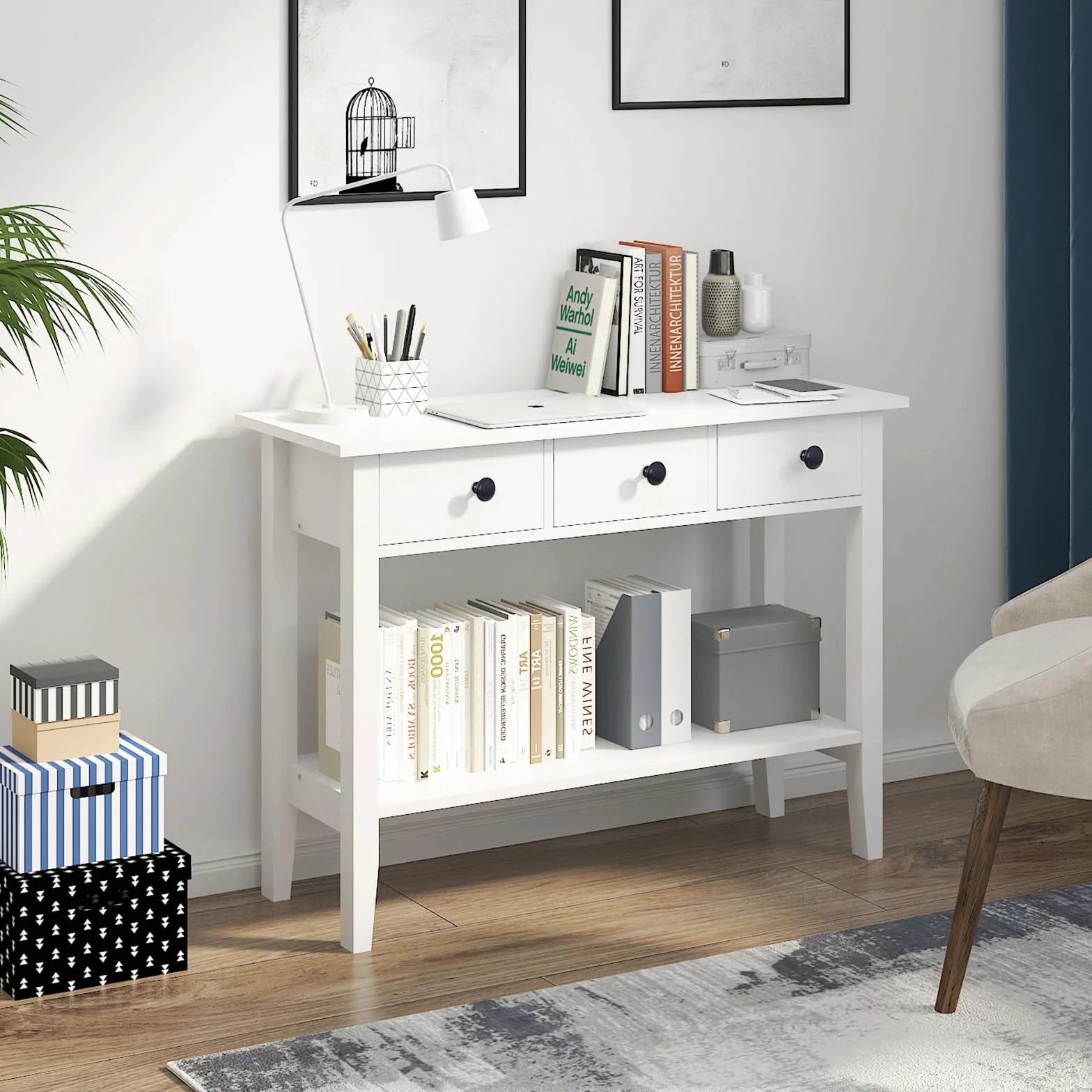 SogesHome Kosole - Mesa auxiliar clásica para pasillo, color blanco con cajones y estante abierto para almacenamiento