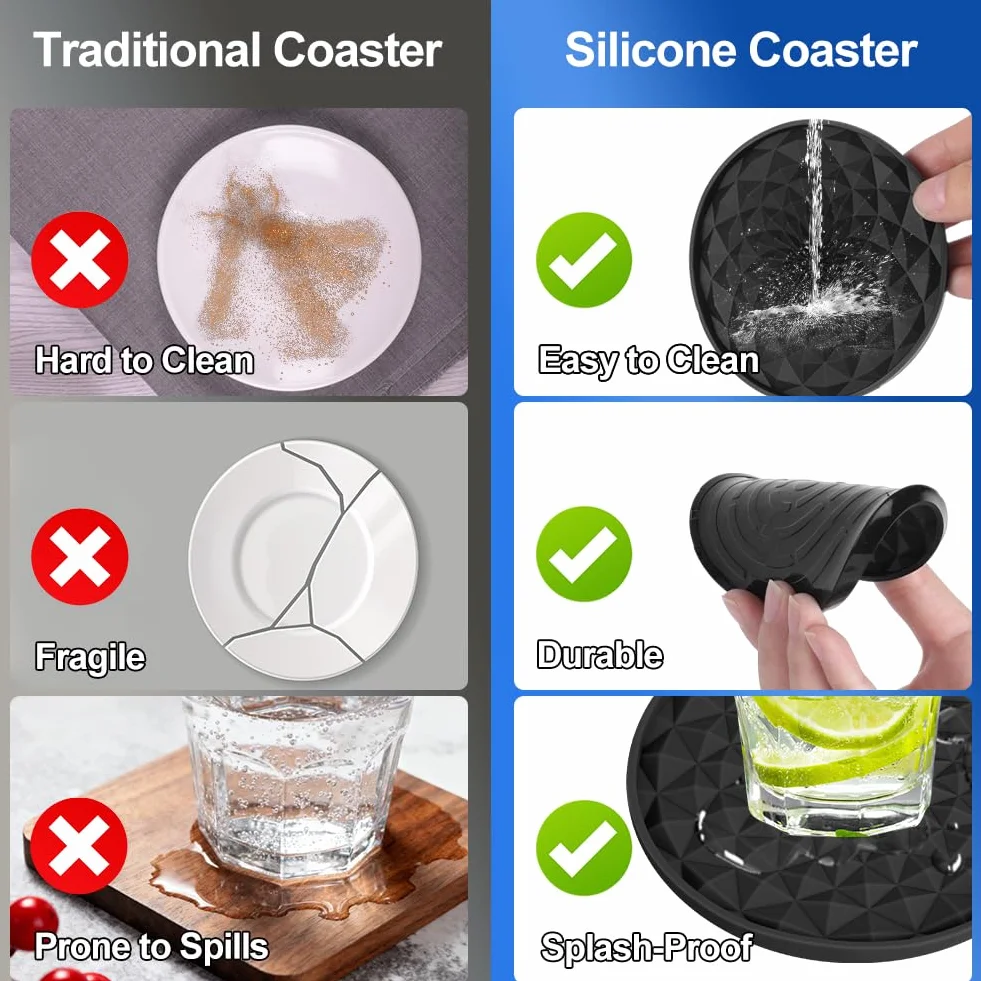 Posavasos de Silicona Antideslizante Aislante Redondo 6 Piezas 0,28 Pulgadas Negro