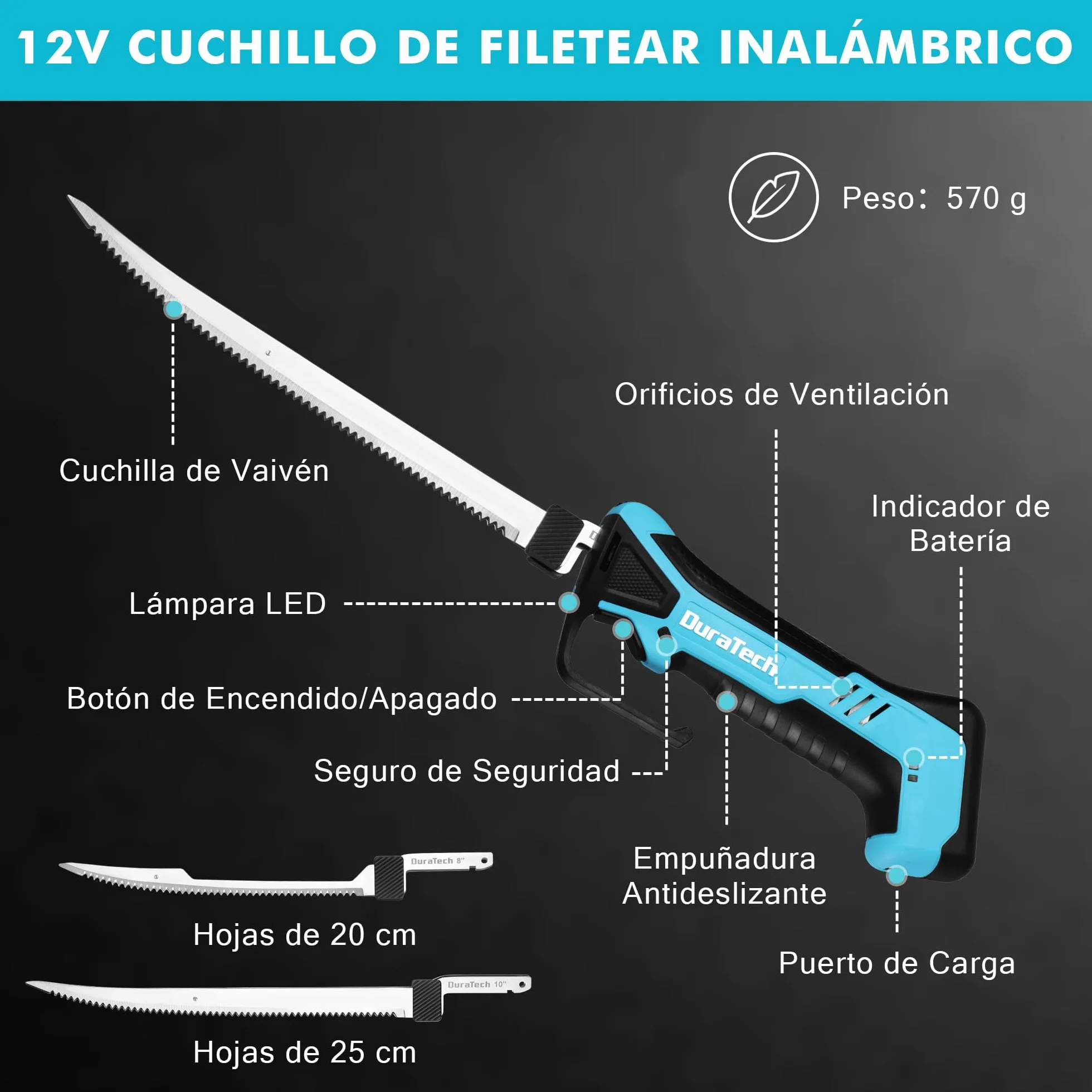 DURATECH Cuchillo Eléctrico Inalámbrico 12V para Pescado, con Cuchillas de 20 cm y 25 cm, Cuchillo Eléctrico con Batería de 2000mAh, Mango Antideslizante para Pescadores y Cocineros