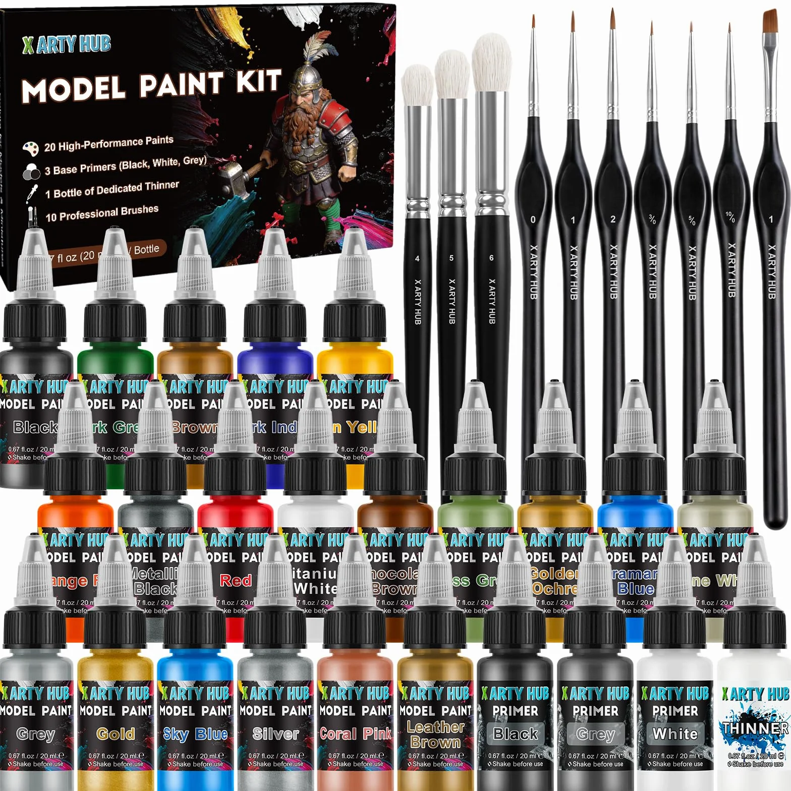 Kit de Pintura Modelismo, Pintura Miniaturas Set | 20 Pintura Acrilica, 3 Imprimaciones, un Diluyente y 10 Pinceles, para Aerógrafo y Pincel, para Modelismo & Miniaturas