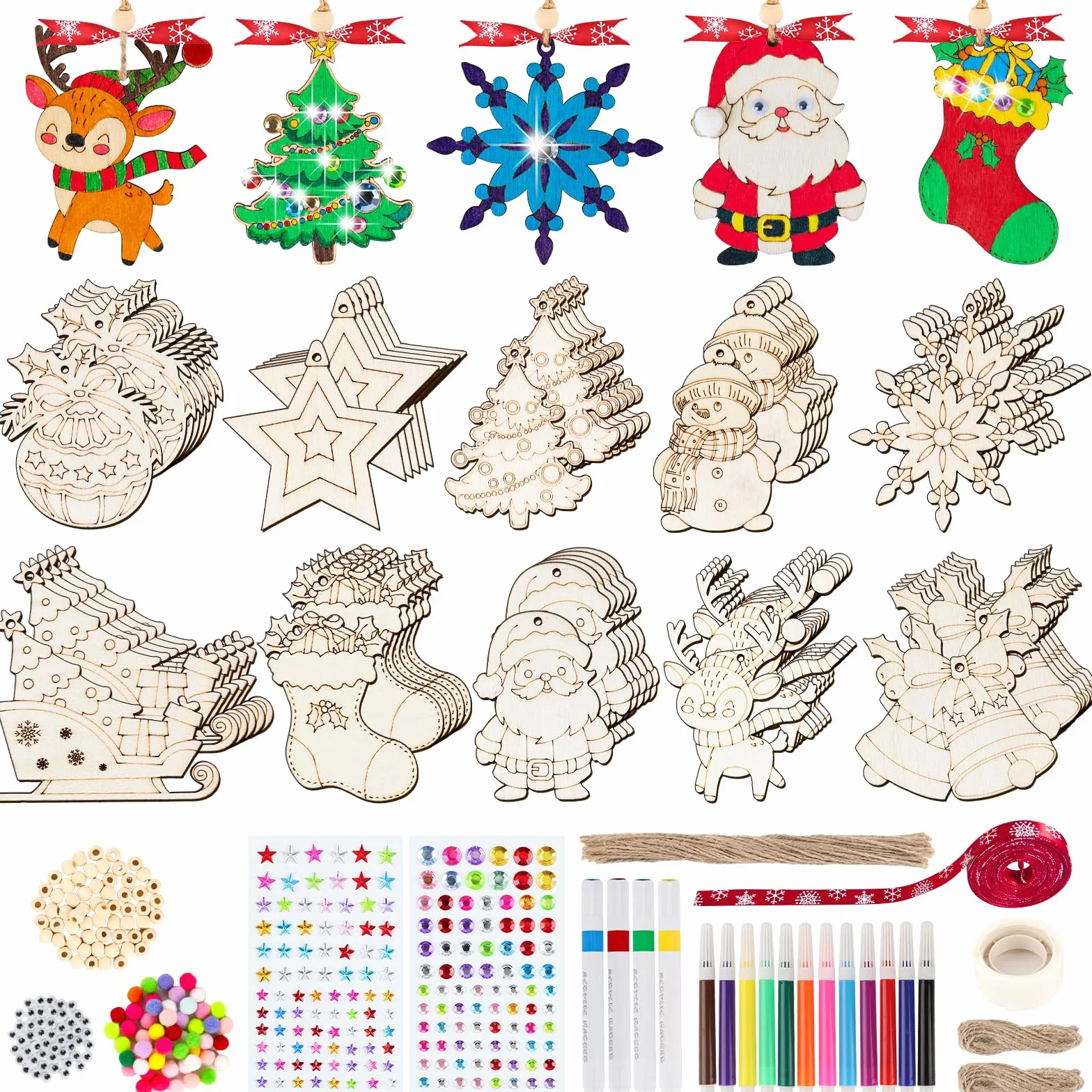 AHIKY 322 Piezas Adornos Navidad Madera para Pintar DIY Colgantes Árbol Decoración Artesanía