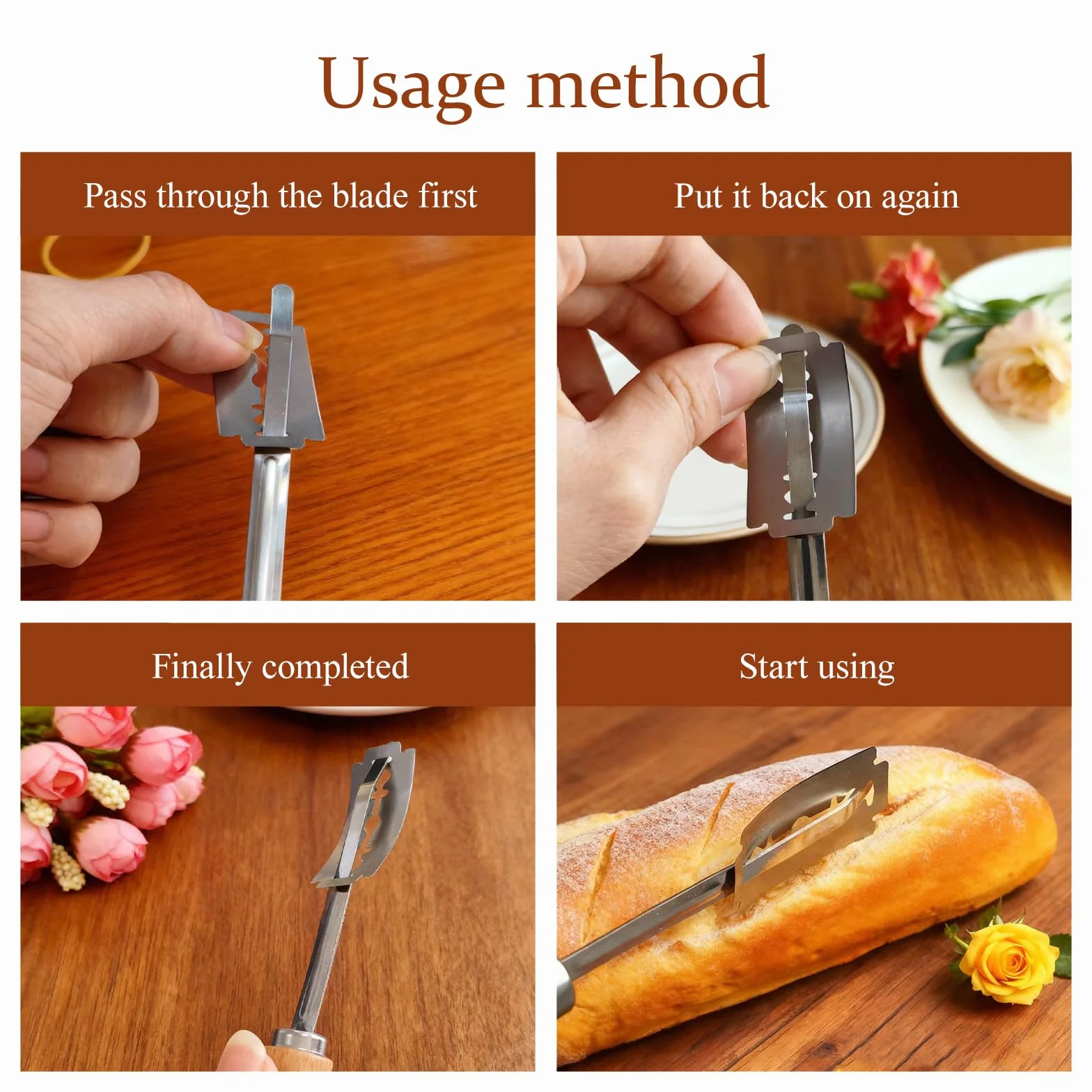 Cuchillo de panadero, cuchillo de pan, cuchillo de cortar pan, navaja de afeitar, accesorios para hornear pan (5 cuchillas + 1 funda de piel)