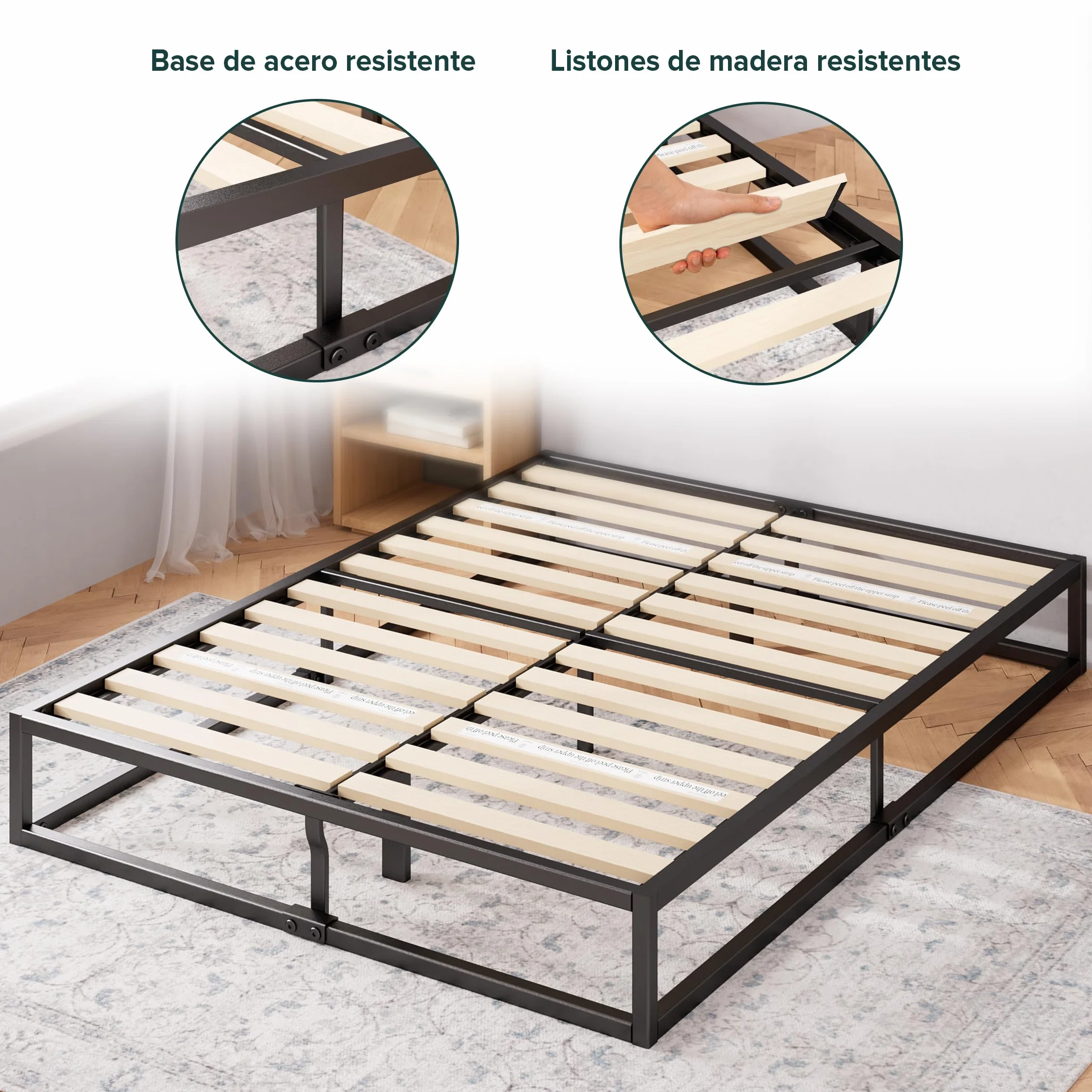 Zinus Joseph Somier 135x190 cm - Altura 25 cm - Base Cama Matrimonio en Acero - Láminas de Madera - Montaje Fácil- Espacio de Almacenamiento - Negro