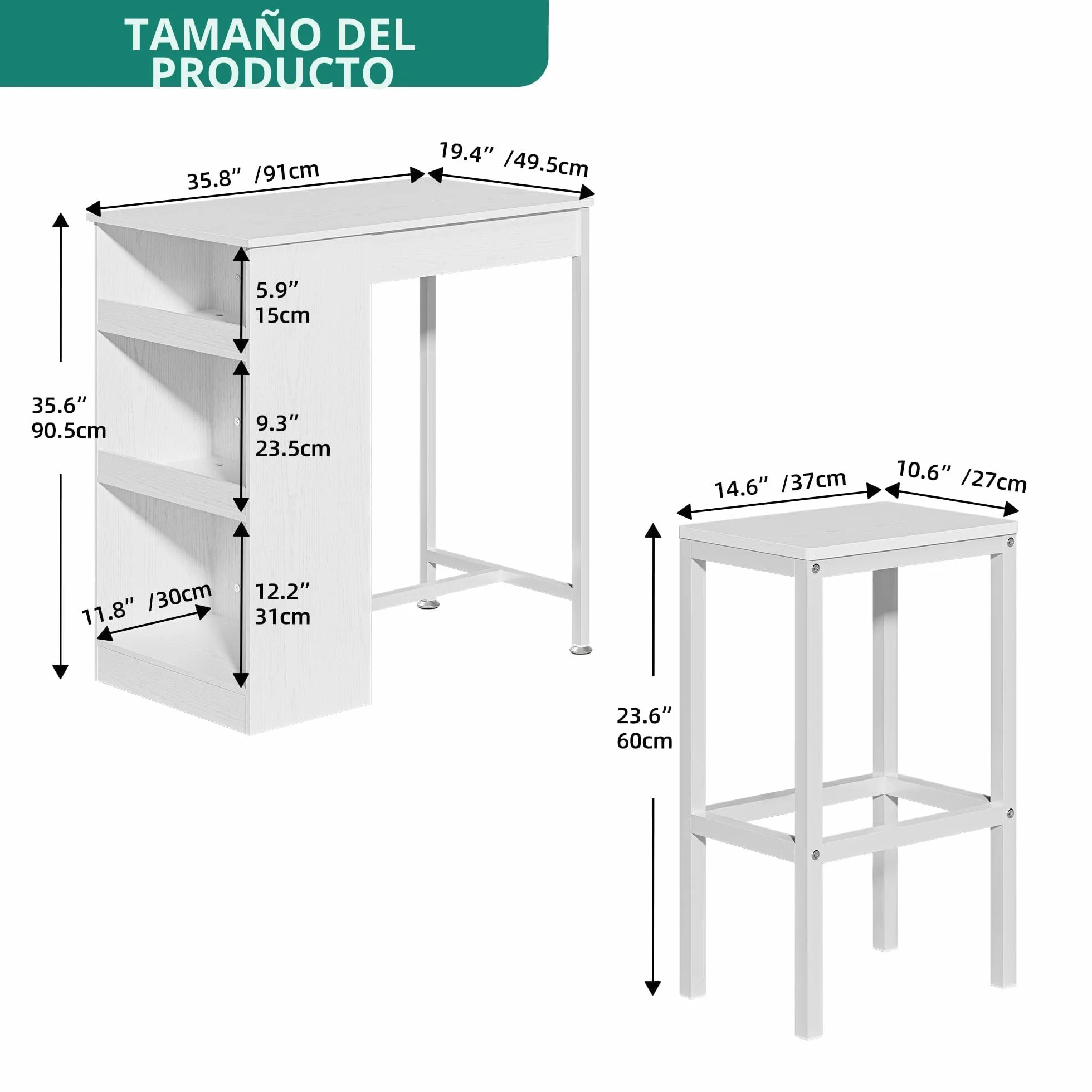 YITAHOME Juego de Mesa de Bar con taburetes de Bar, Mesa de Bar de 3 Piezas, Mesa de Comedor con 2 taburetes, 3 estantes, Taburete de Bar con Marco de Metal, Blanco