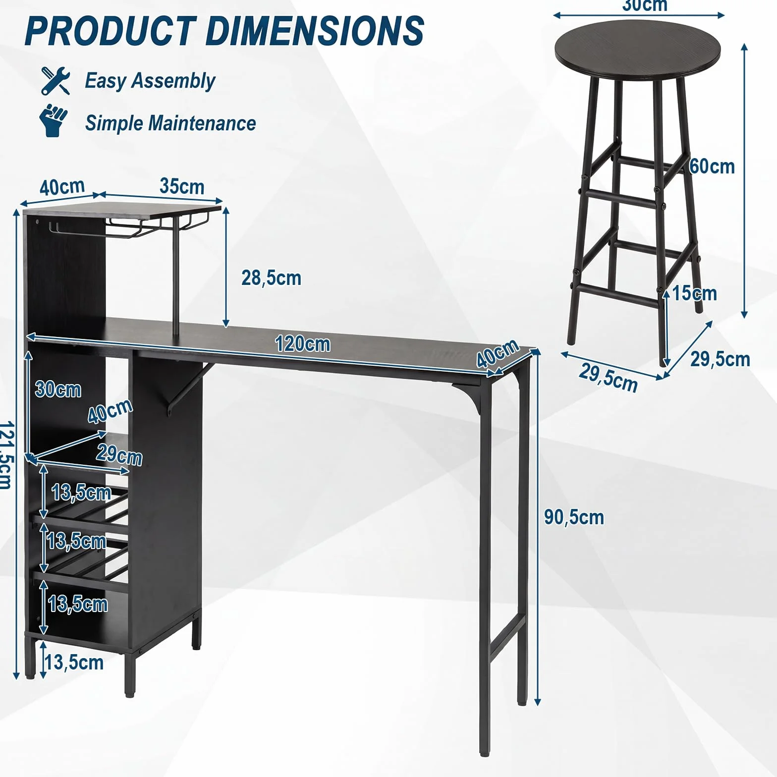GIANTEX Juego de bar de 3 piezas, mesa y taburetes de bar, mesa de desayuno con taburetes, mesa de bistro en forma cuadrada 120 x 40 x 90 cm, 4 colores (negro)