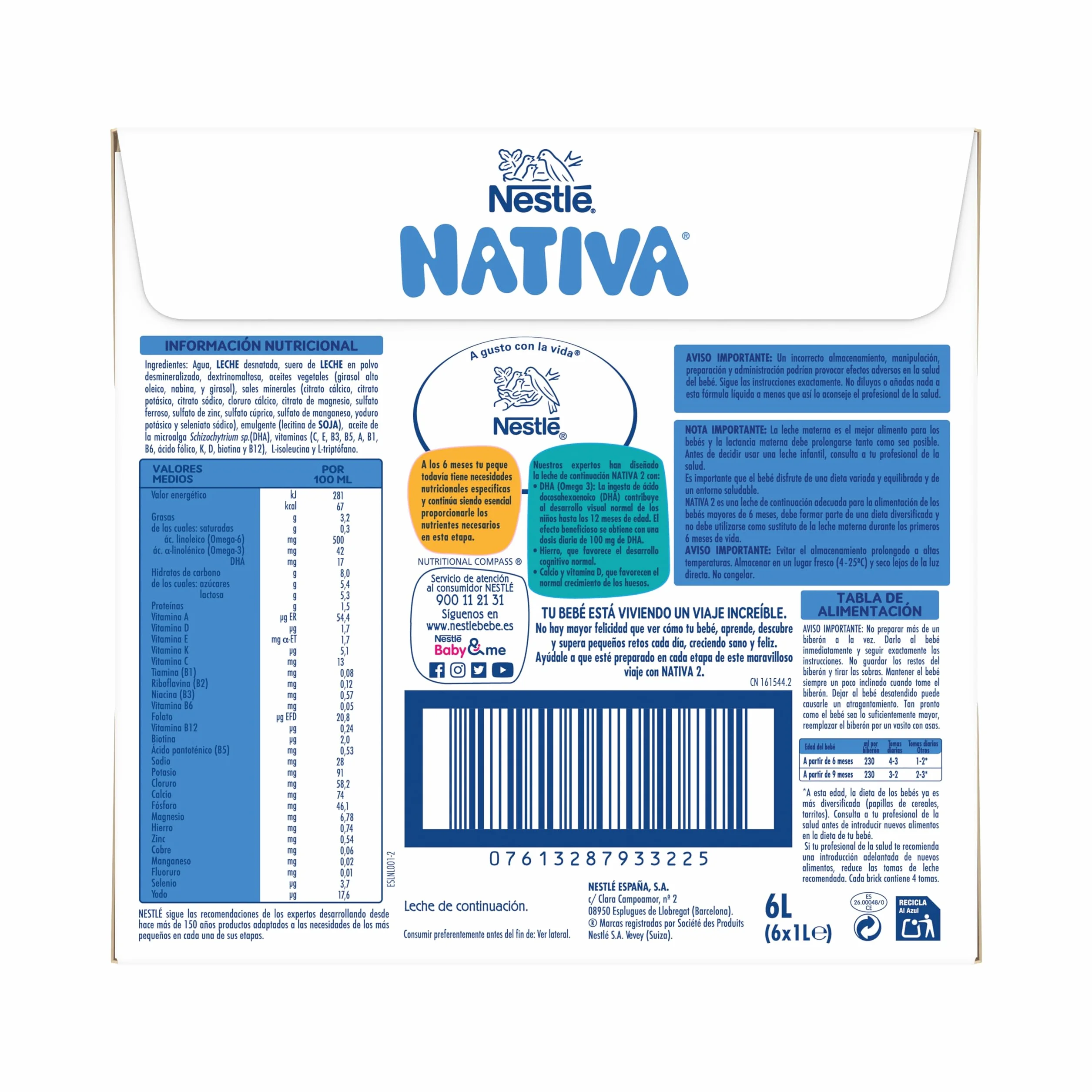 Nestlé Nativa 2 Leche de continuación líquida para bebés 6 meses 6x1L