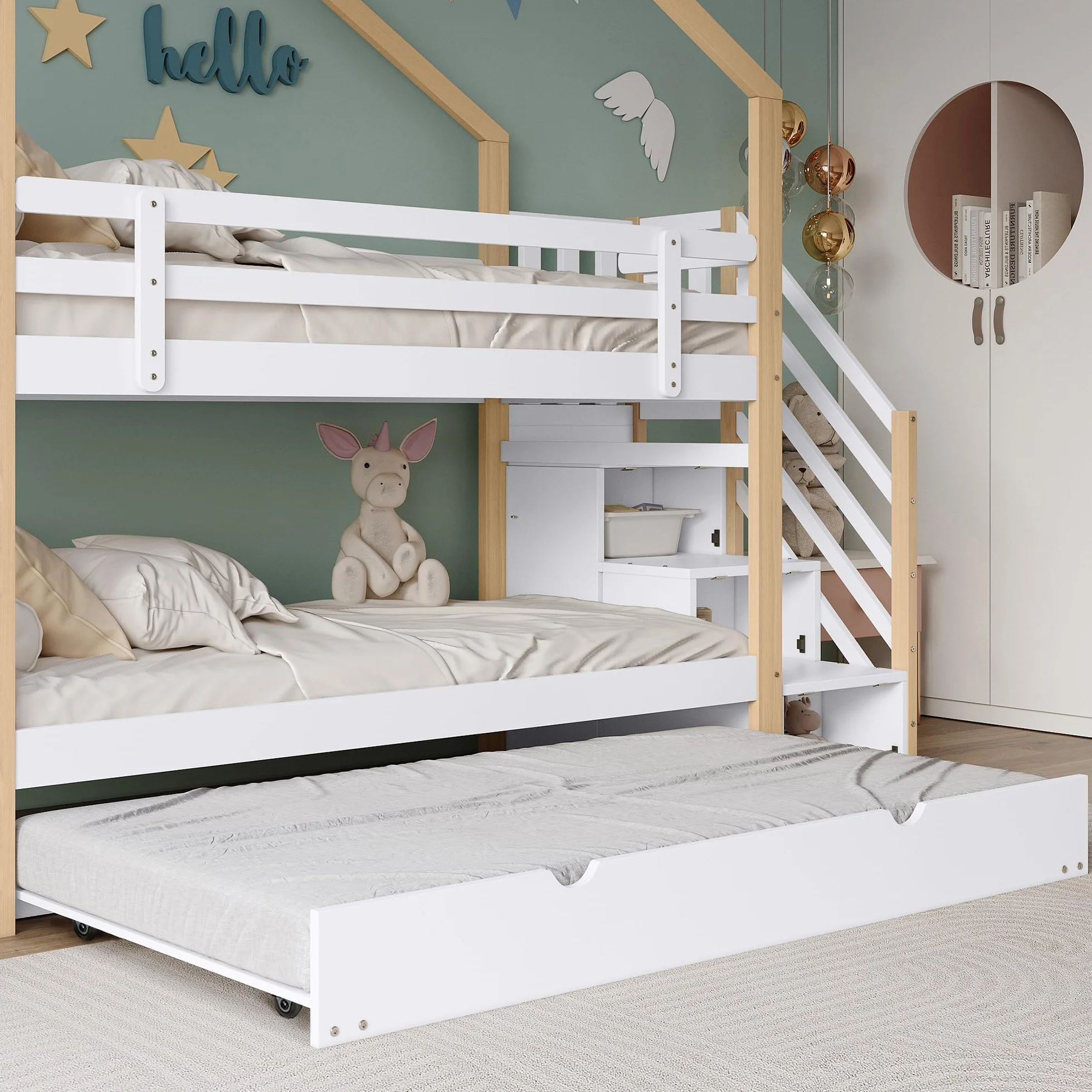 LAKFEW Litera de 90x200 con Cama Nido 90x190 cm, Cama Infantil con Escalera de Almacenaje y Protección Anticaída, Litera Infantil, Camas Infantiles de Madera para 3 Personas, Natur+Blanco, Sin Colchon